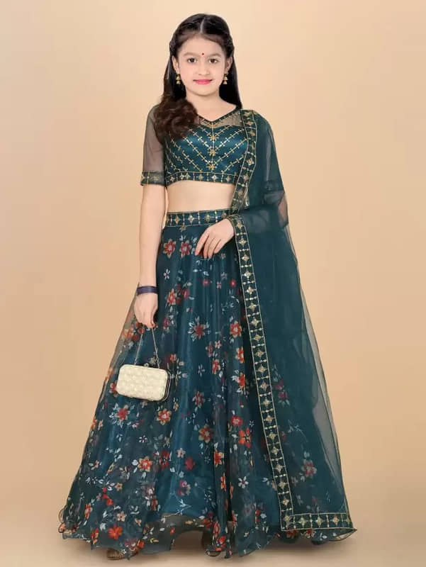 piludi Organza Lehenga Choli Set For Girls ( Pack of 1 , Blue )