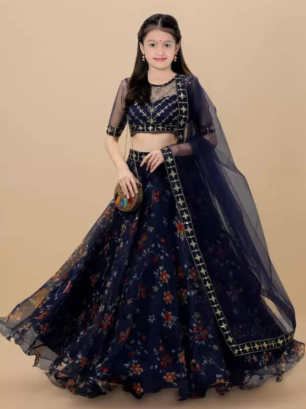 piludi Organza Lehenga Choli Set For Girls ( Pack of 1 , Blue )