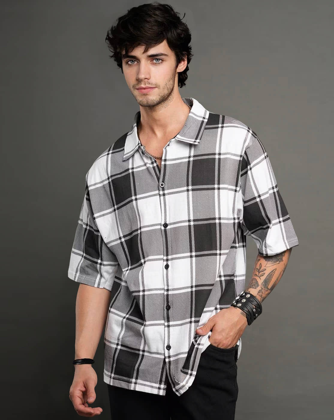 Eyebogler Cotton Blend Oversized Fit Checks Half Sleeves Men's Casual Shirt - White ( Pack of 1 )