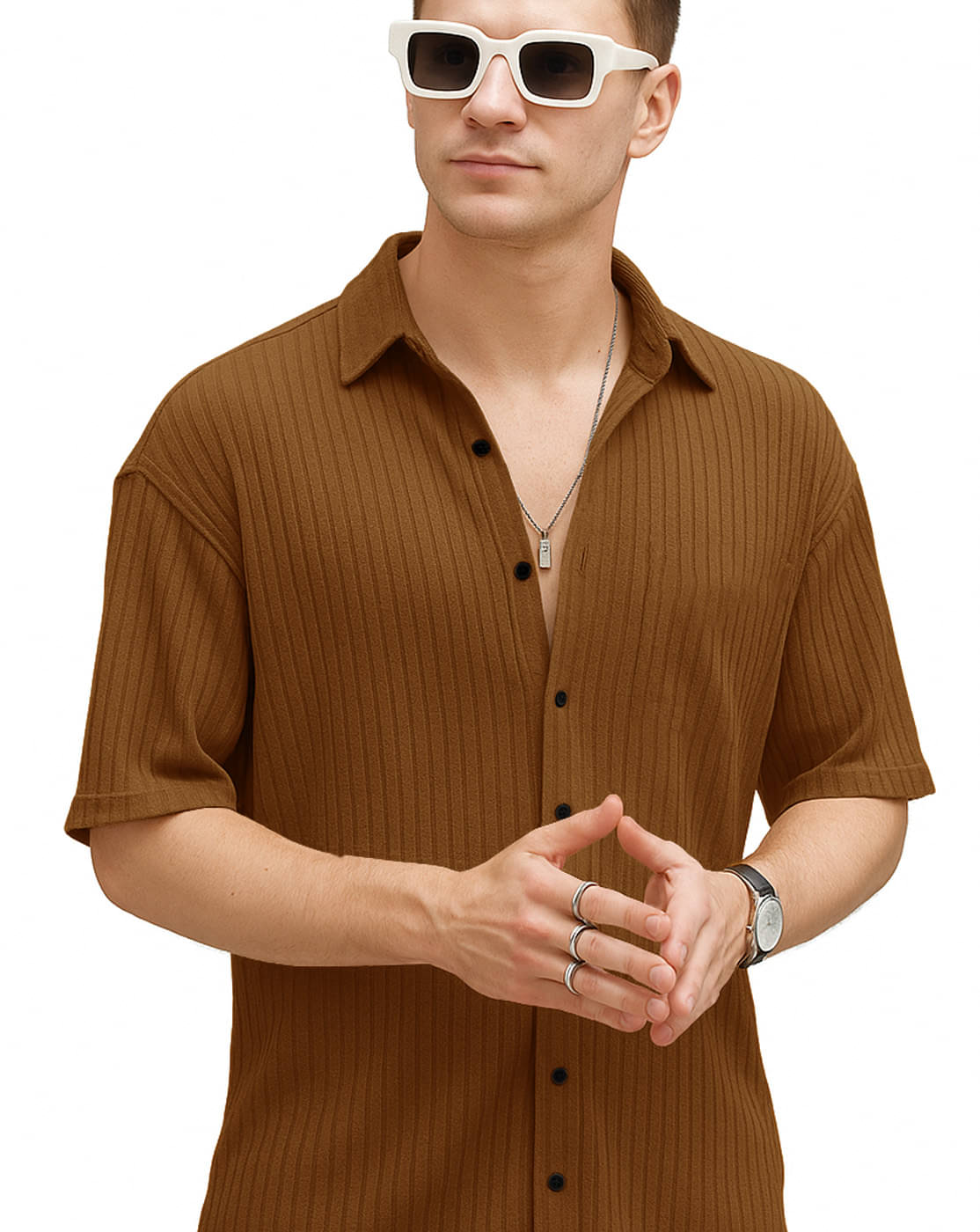     			Eyebogler Cotton Blend Oversized Fit Solids Half Sleeves Men's Casual Shirt - Brown ( Pack of 1 )