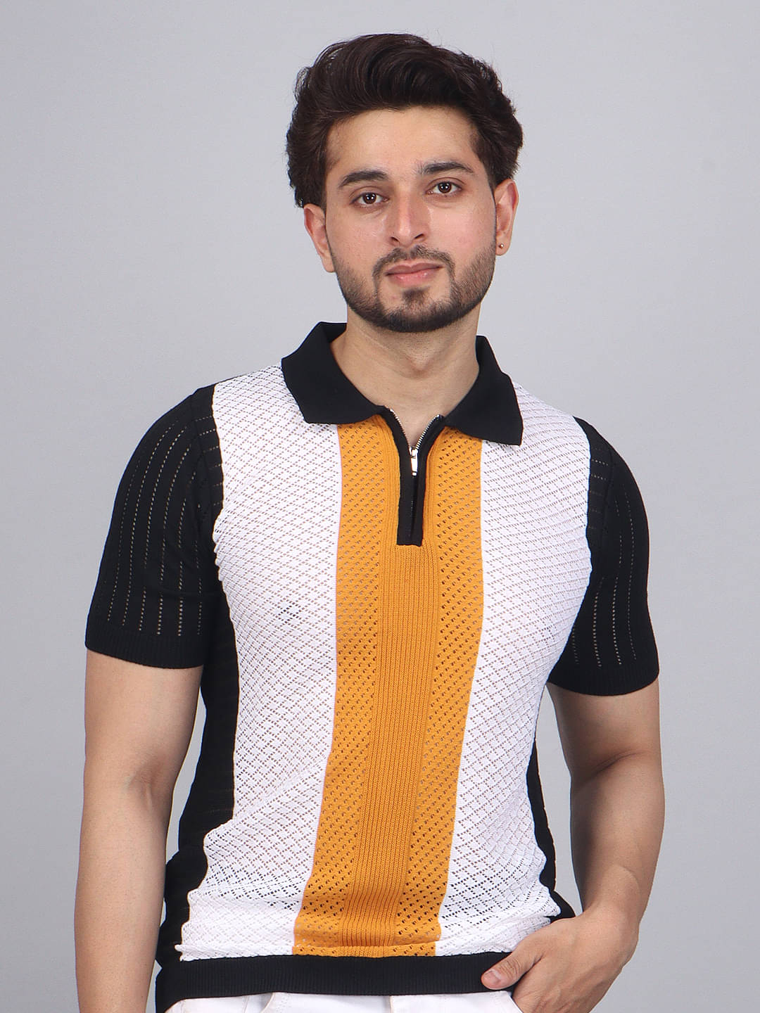 FEVERFEW Men Cotton Blend Regular Fit Striped Polo T Shirt ( Black ) FEVERFEW Men Cotton Blend Regular Fit Striped Polo T Shirt ( Black )