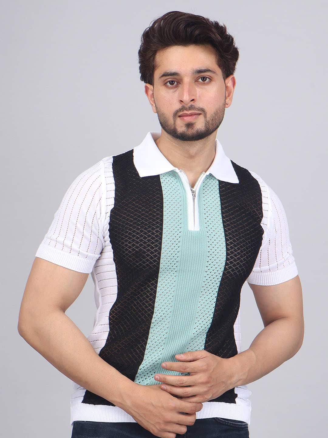 FEVERFEW Men Cotton Blend Regular Fit Striped Polo T Shirt ( Black )