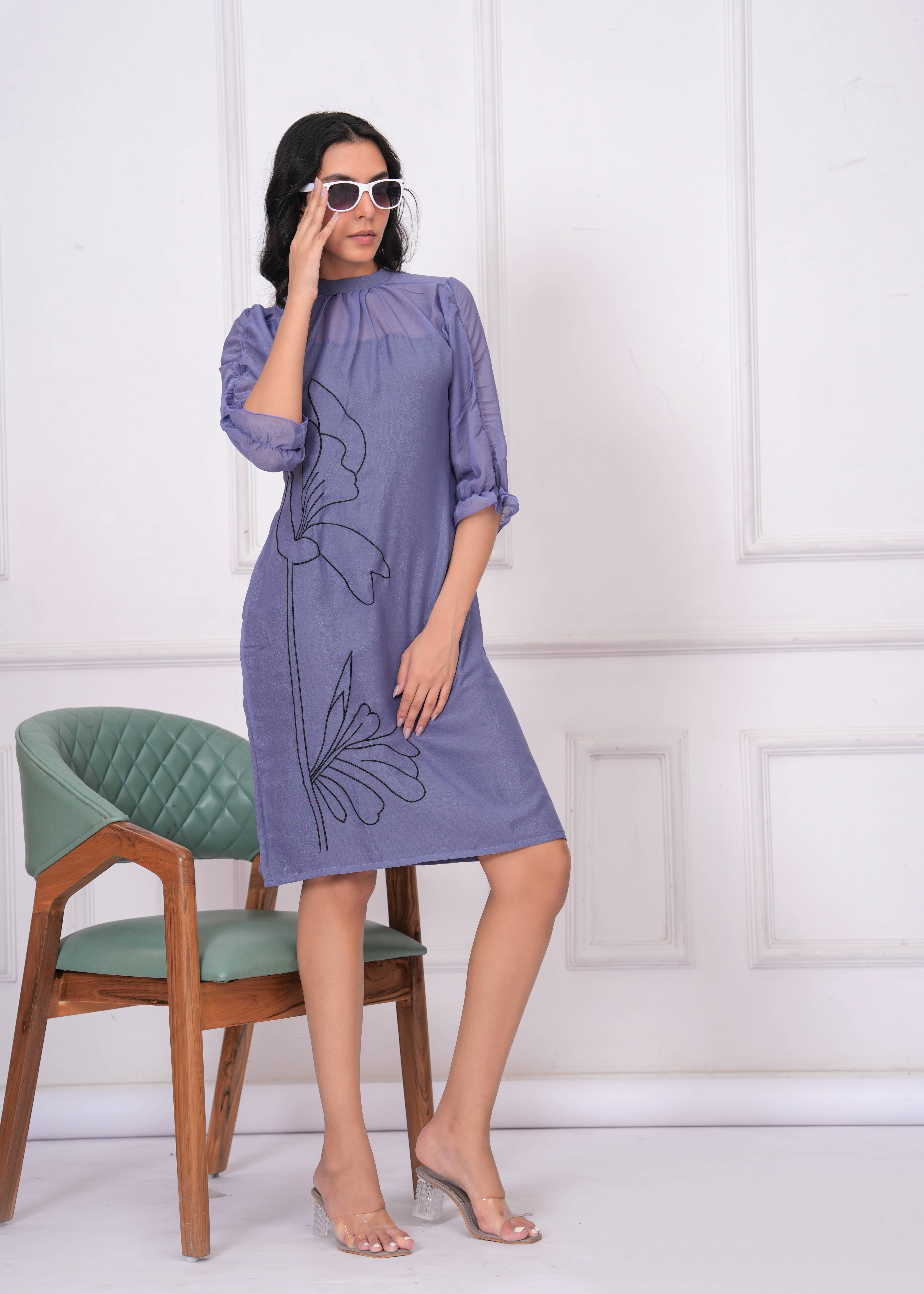     			HIGHLIGHT FASHION EXPORT Women Georgette Embroidered Shift Dress ( Blue )