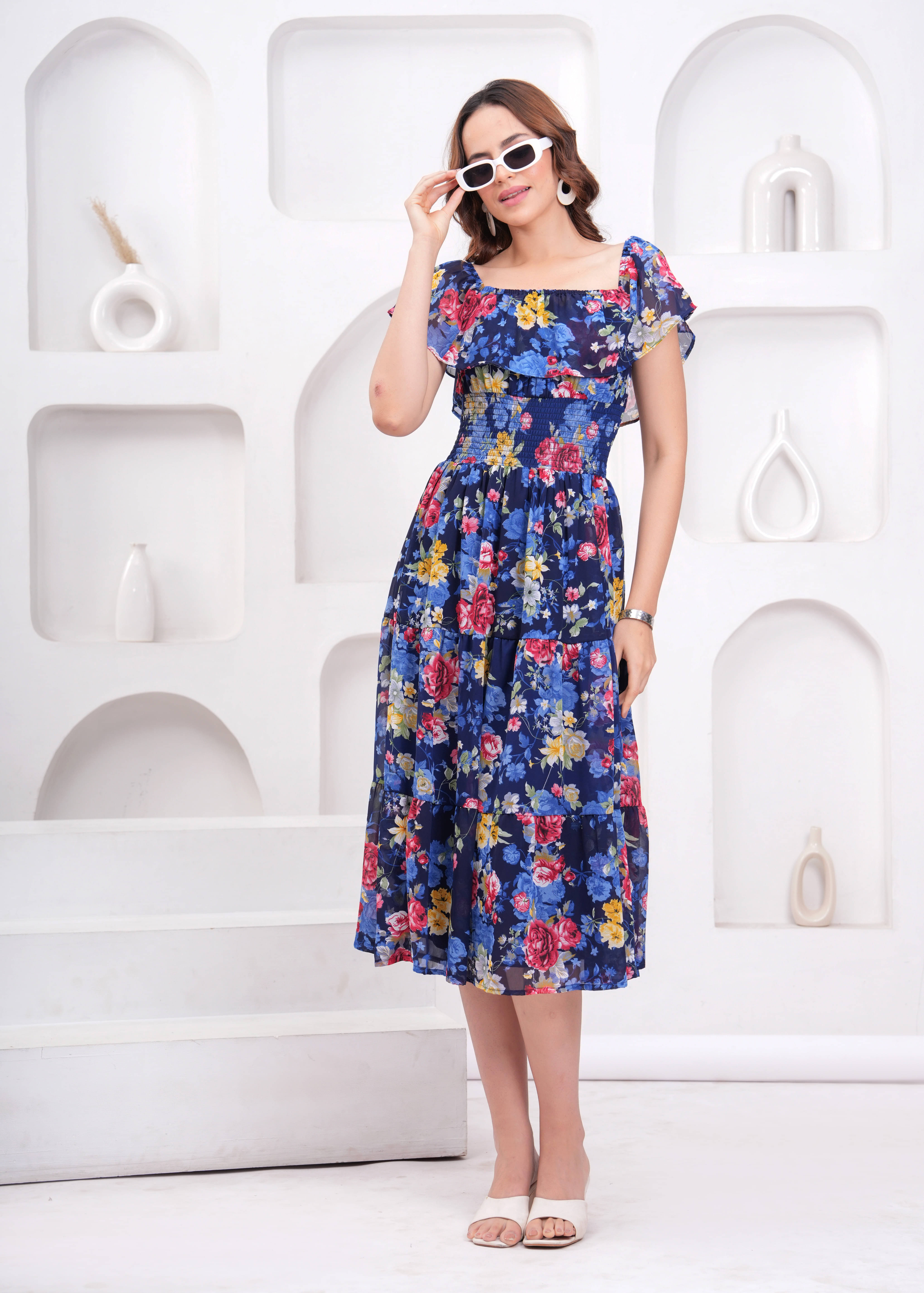     			HIGHLIGHT FASHION EXPORT Women Georgette Printed Fit & Flare Dress ( Blue )