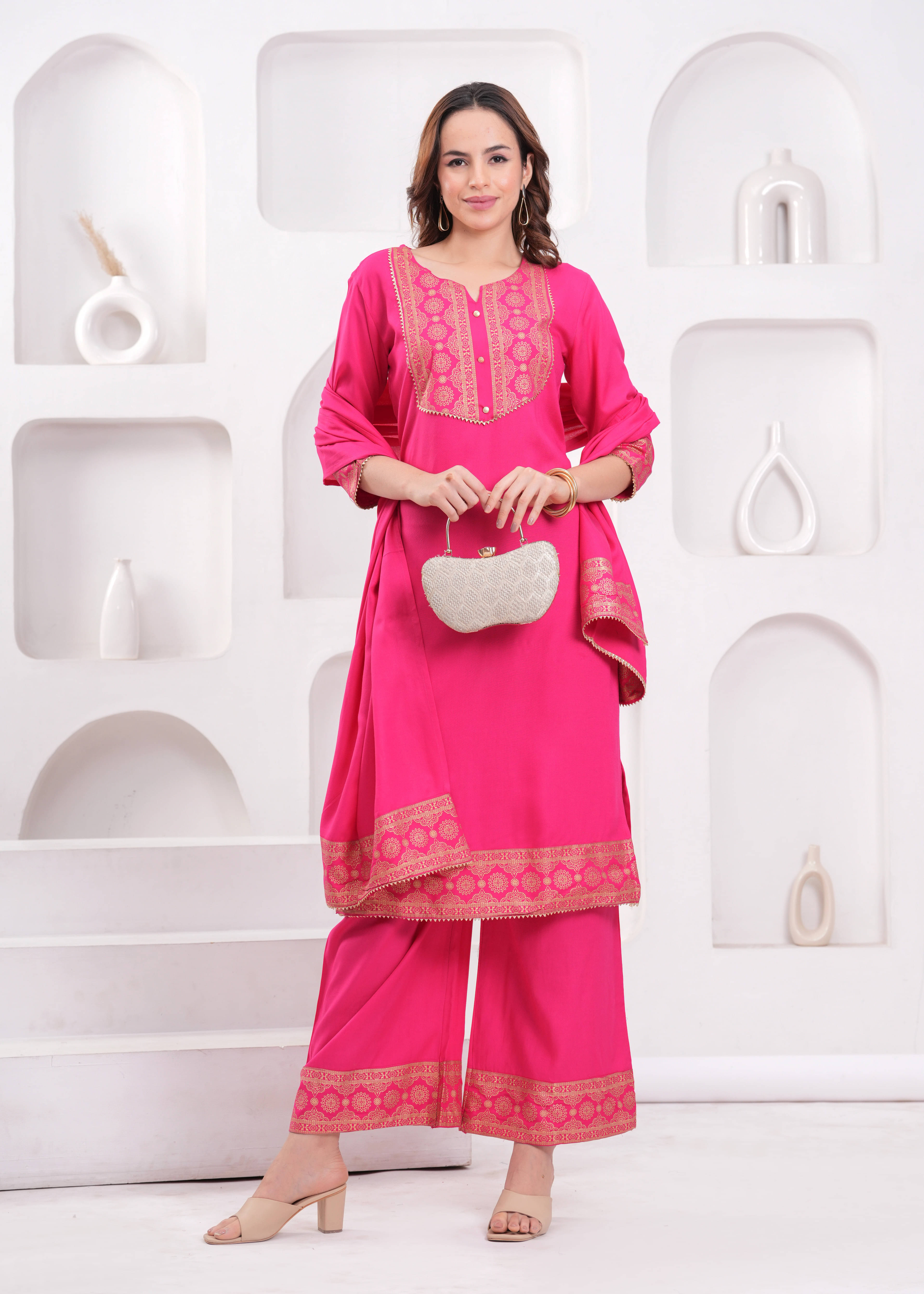     			HIGHLIGHT FASHION EXPORT Women Rayon Embellished Straight Kurti With Palazzo ( Pink )