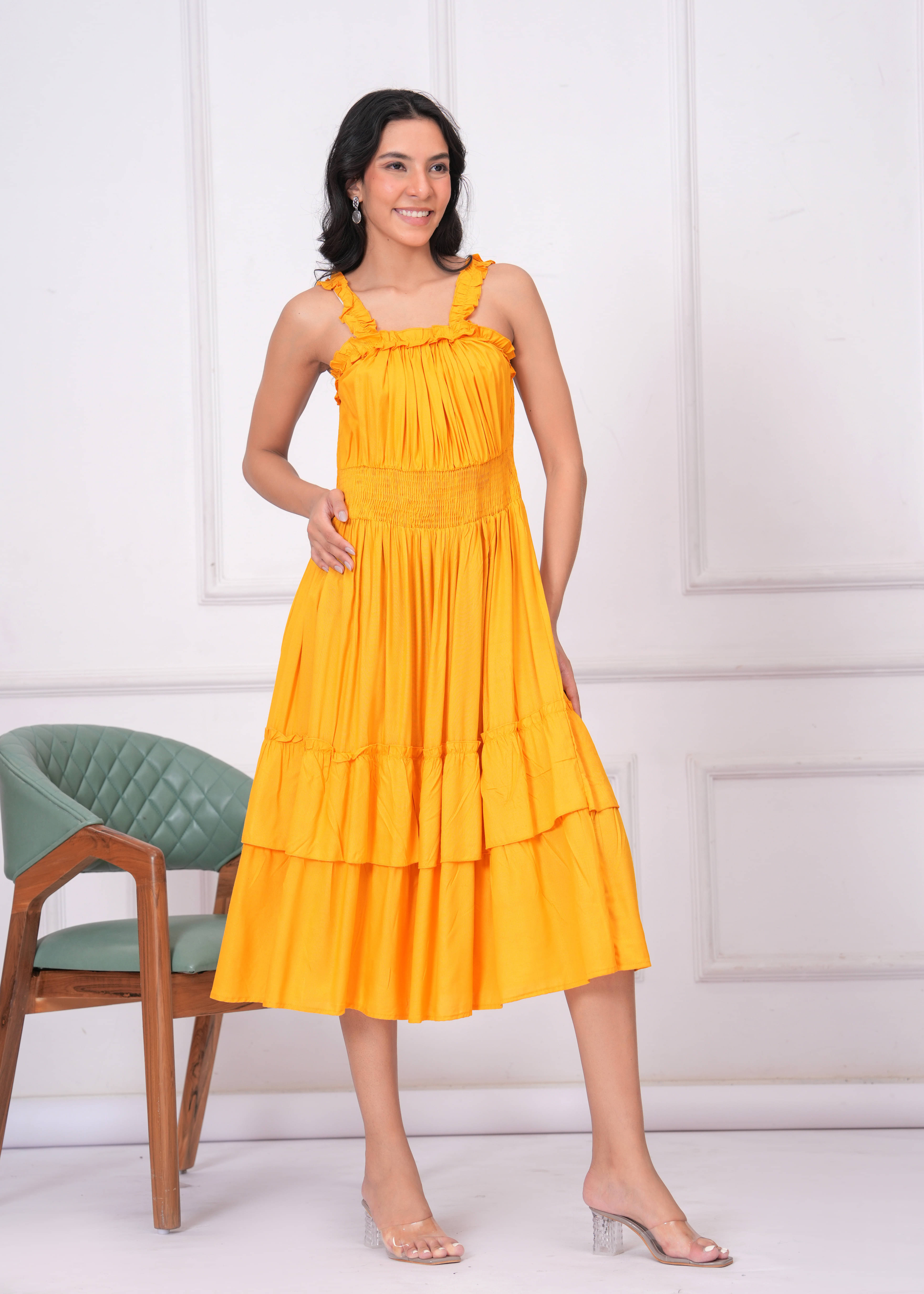     			HIGHLIGHT FASHION EXPORT Women Viscose Rayon Solid Fit & Flare Dress ( Yellow )
