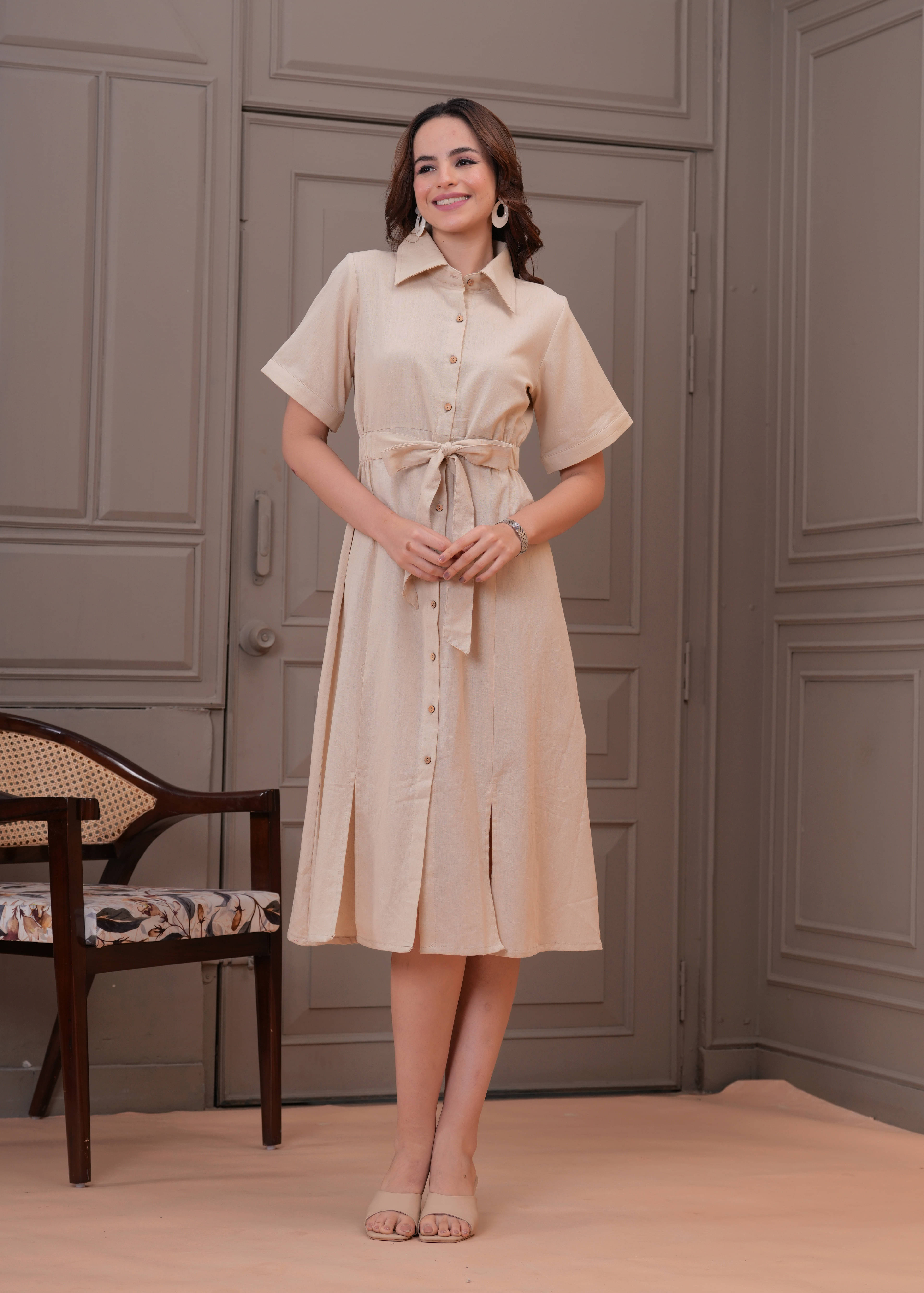     			JC4U Women Cotton Solid Shirt Dress ( Beige )