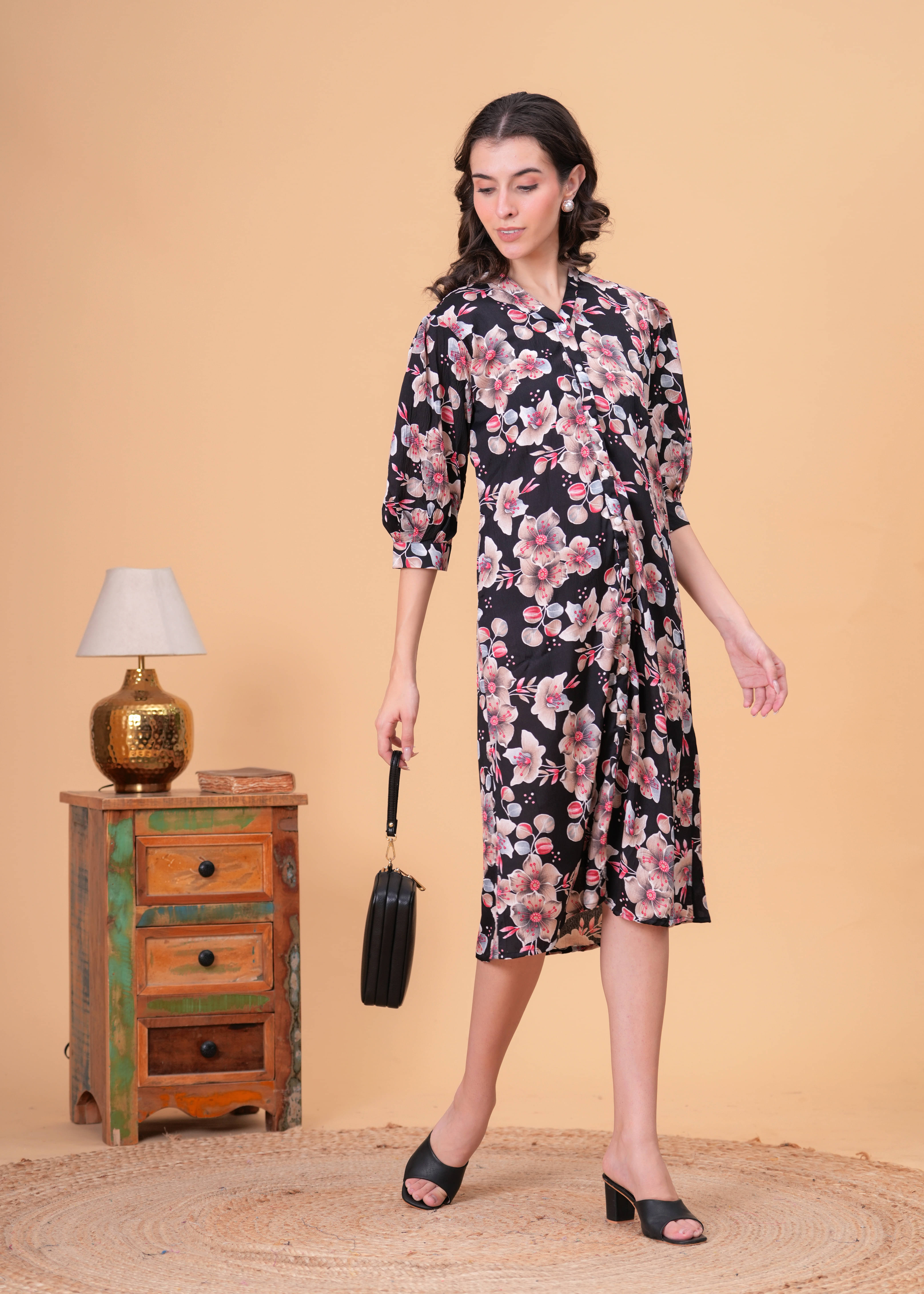 JC4U Women Crepe Printed A-line Dress ( Black )     			JC4U Women Crepe Printed A-line Dress ( Black )