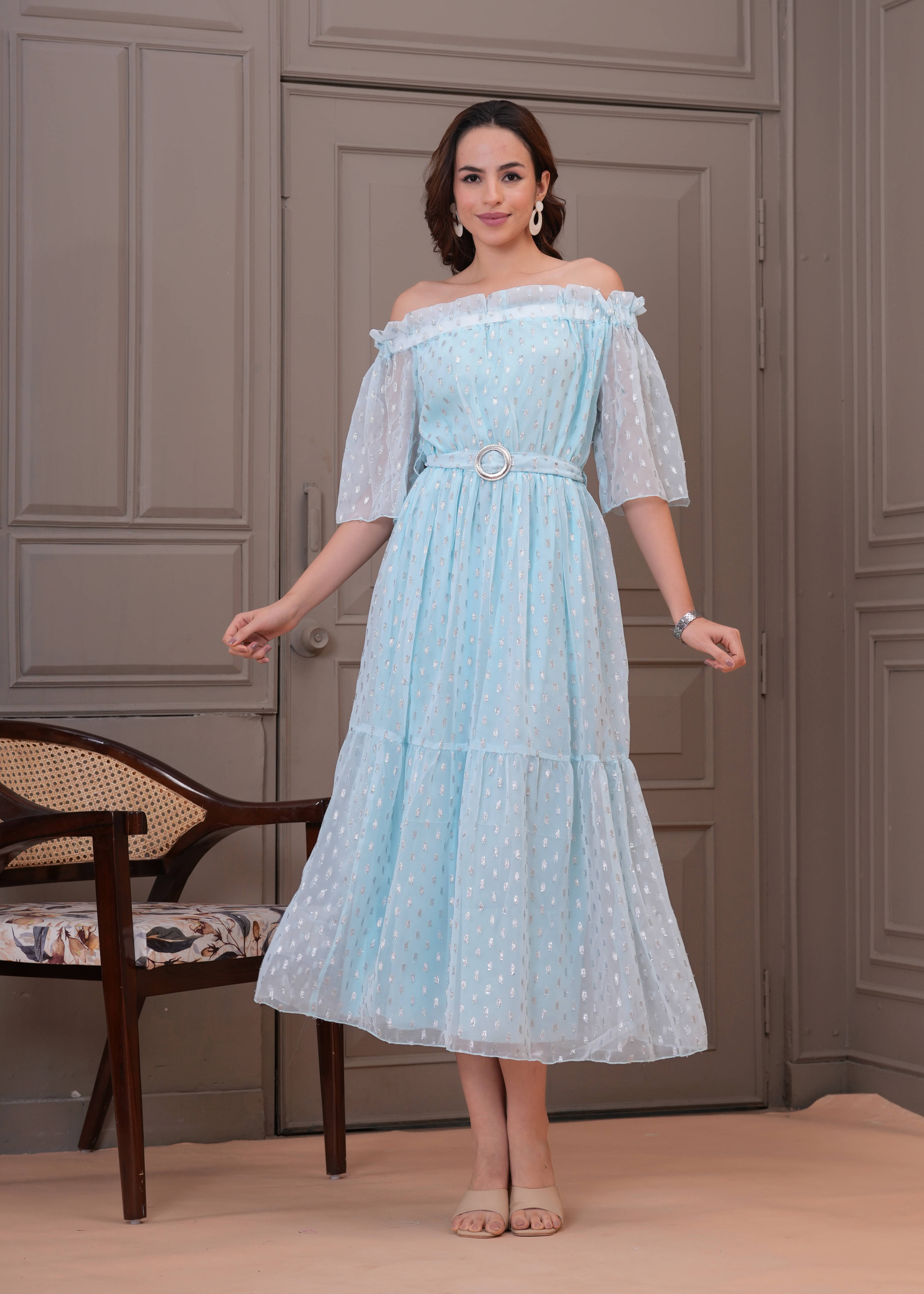    			JC4U Women Georgette Embellished Fit & Flare Dress ( Light Blue )