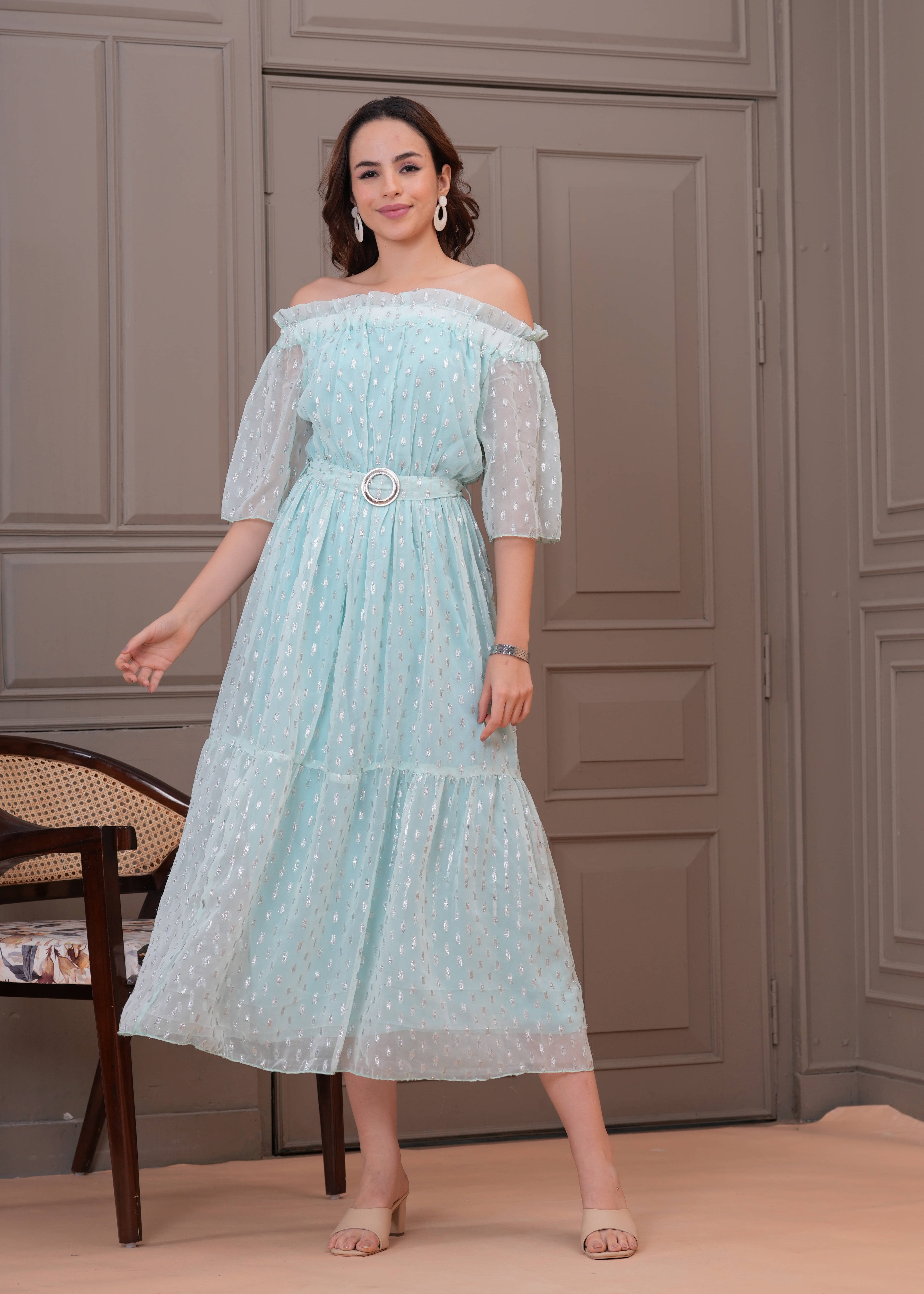     			JC4U Women Georgette Embellished Fit & Flare Dress ( Green )