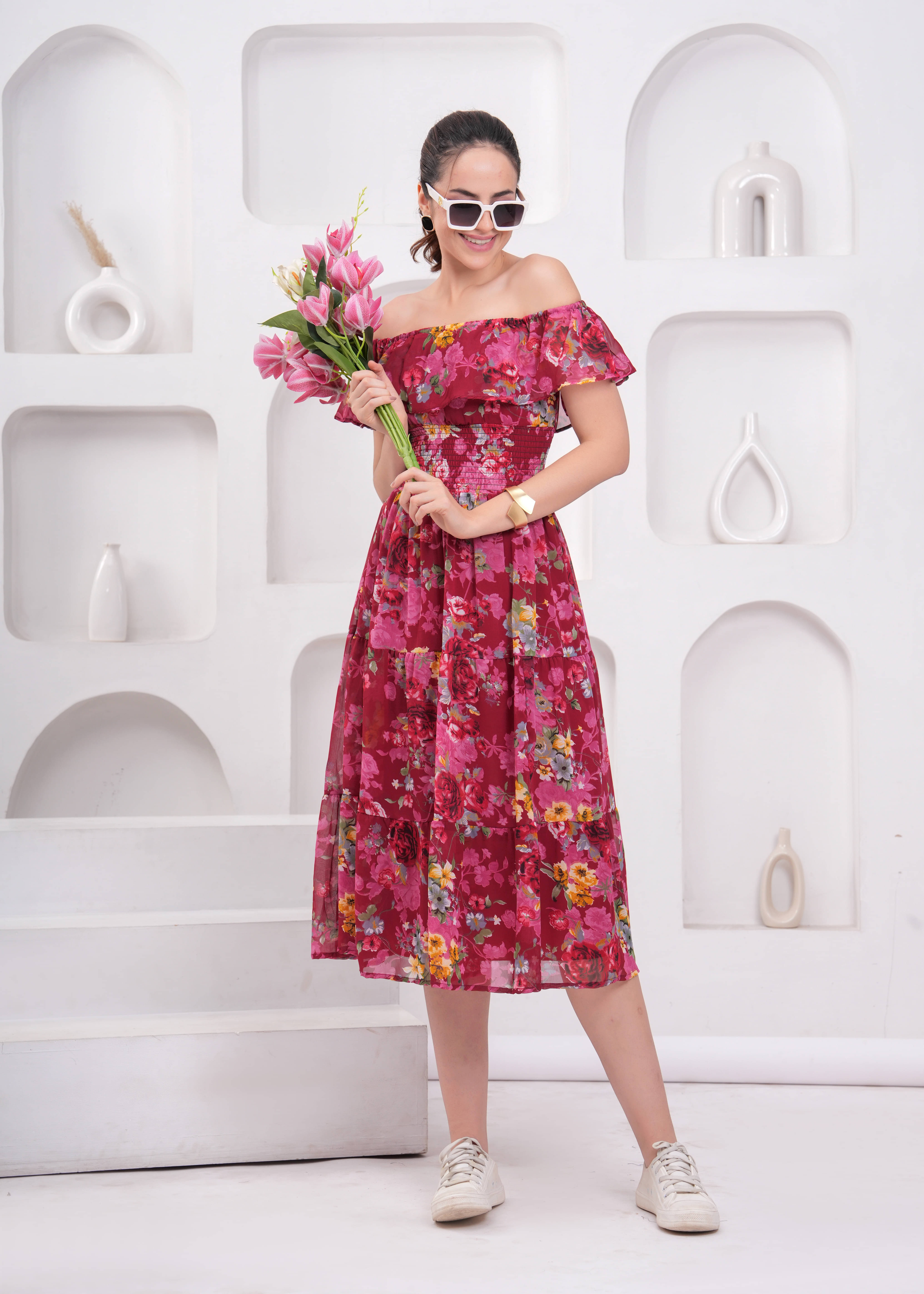 JC4U Women Georgette Printed Fit & Flare Dress ( Red )     			JC4U Women Georgette Printed Fit & Flare Dress ( Red )