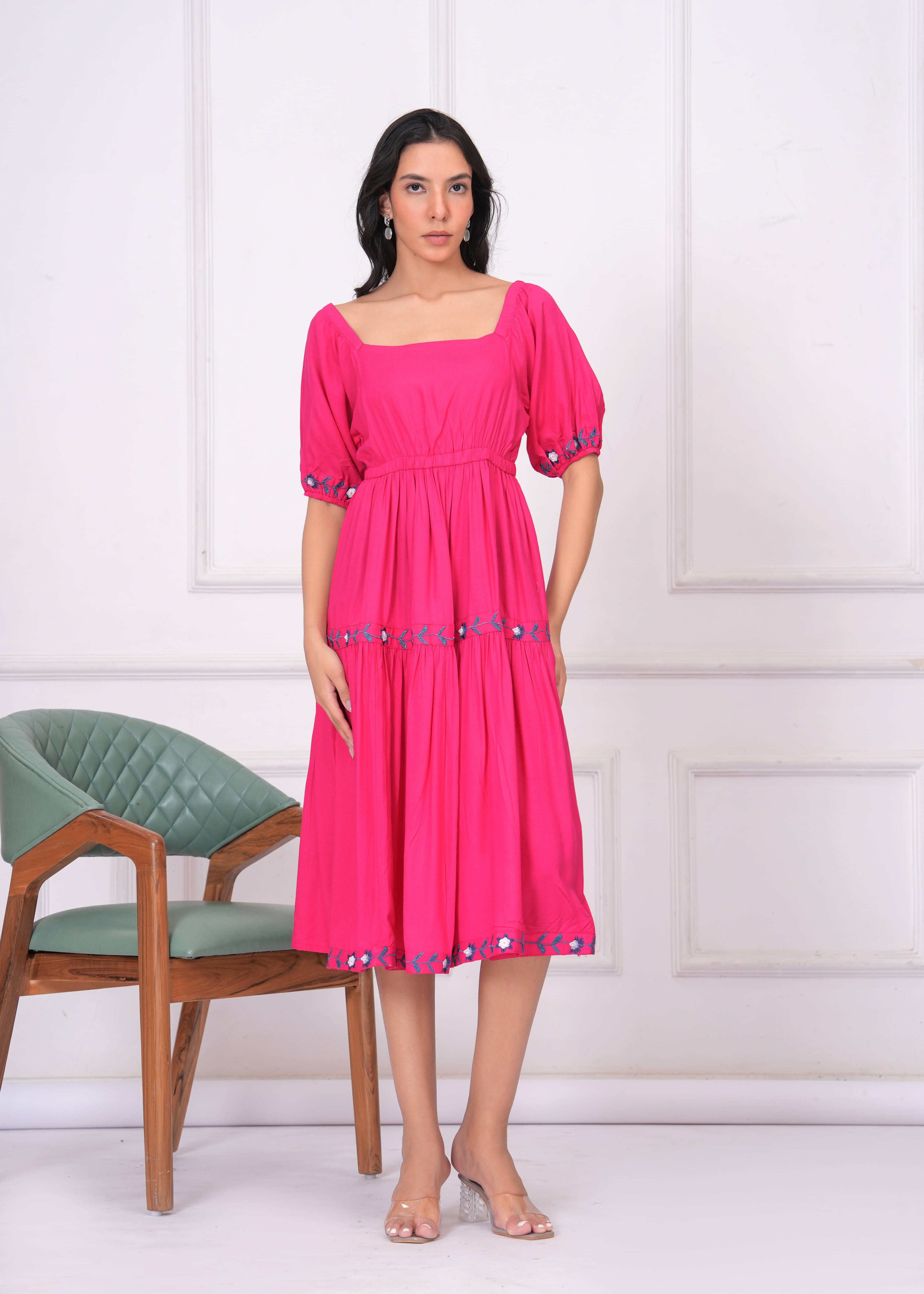     			JC4U Women Viscose Rayon Embroidered Fit & Flare Dress ( Pink )