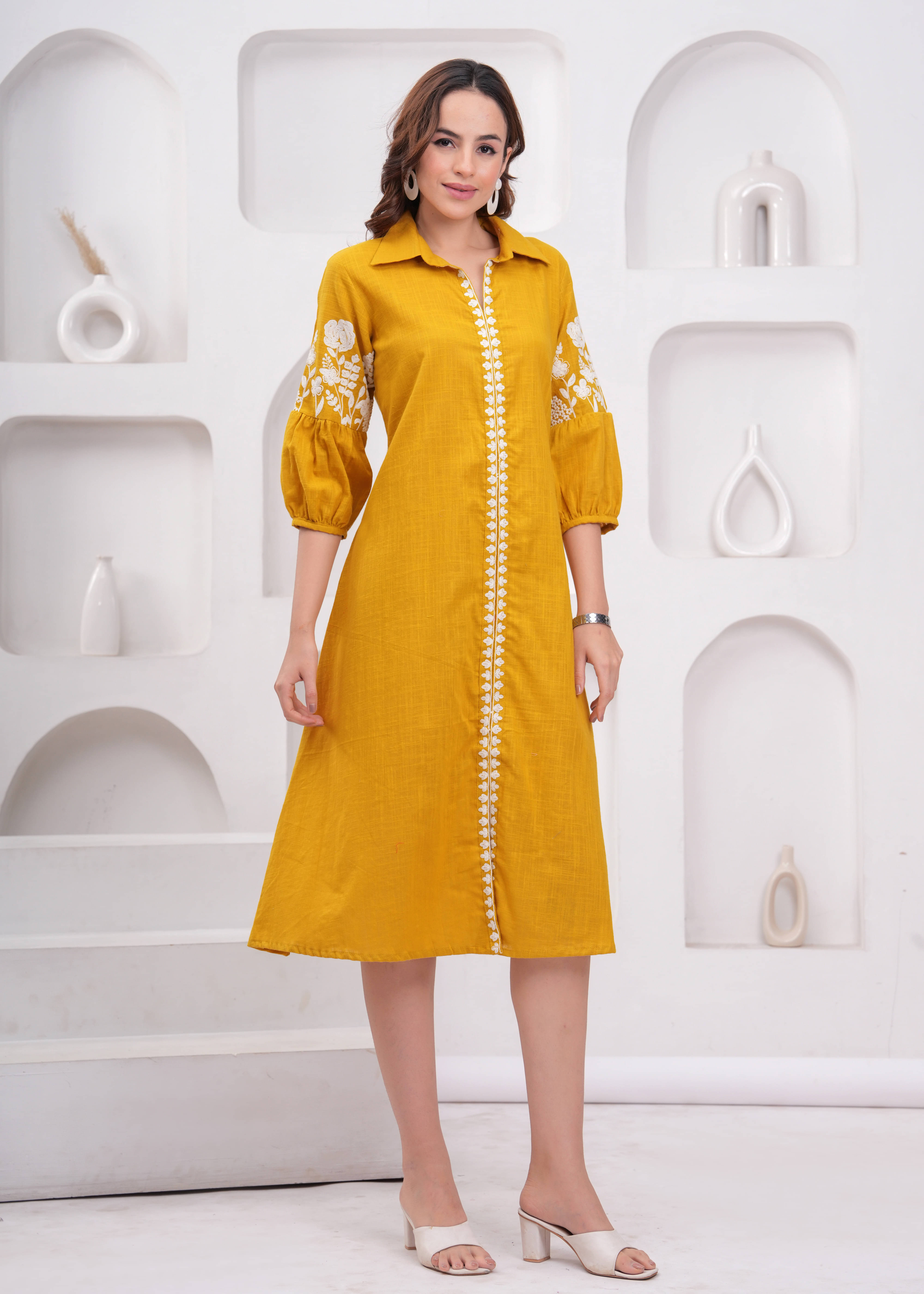     			Jyoti Women Cotton Embroidered A-line Dress ( Yellow )