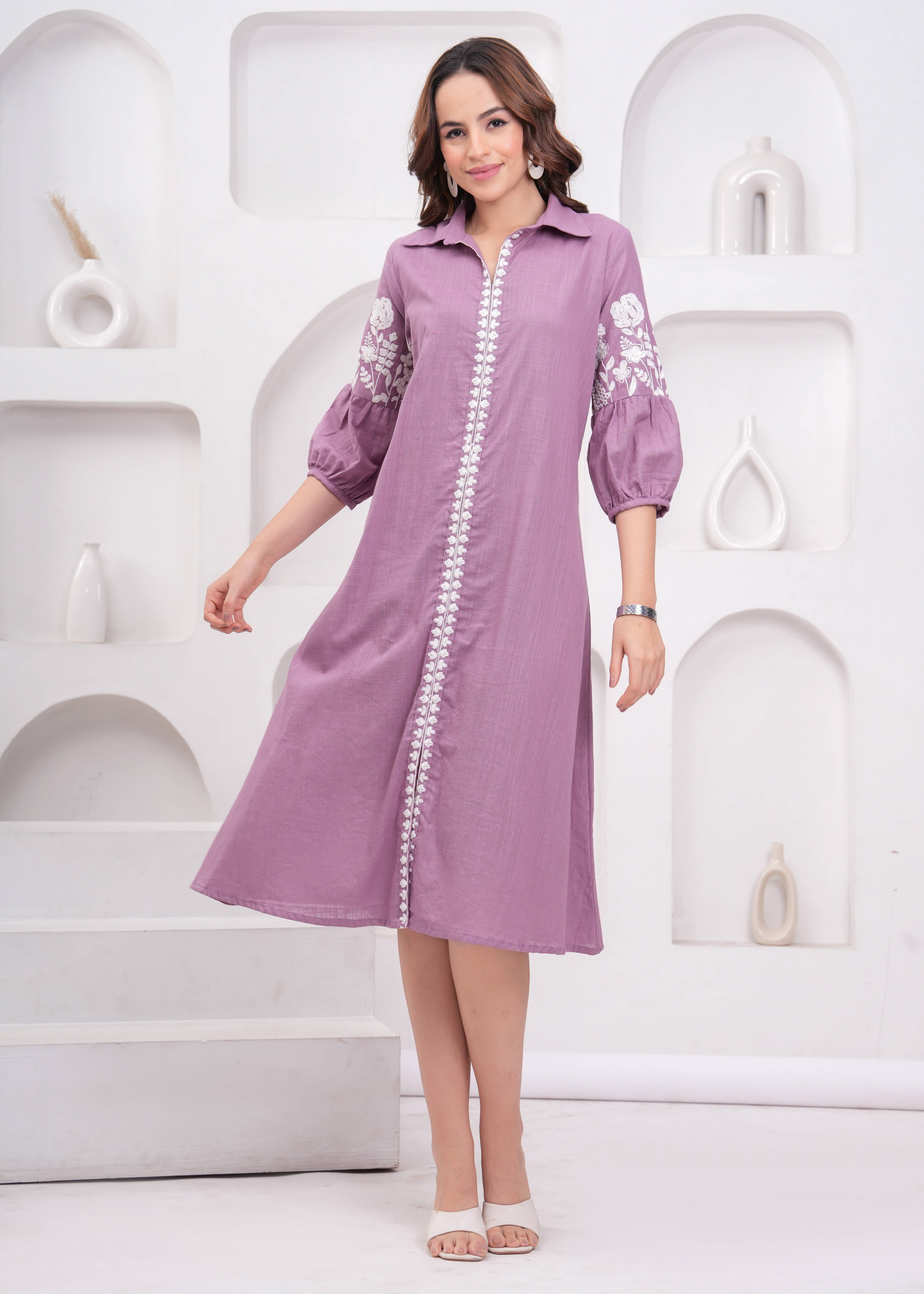 Jyoti Women Cotton Embroidered A-line Dress ( Purple ) Jyoti Women Cotton Embroidered A-line Dress ( Purple )