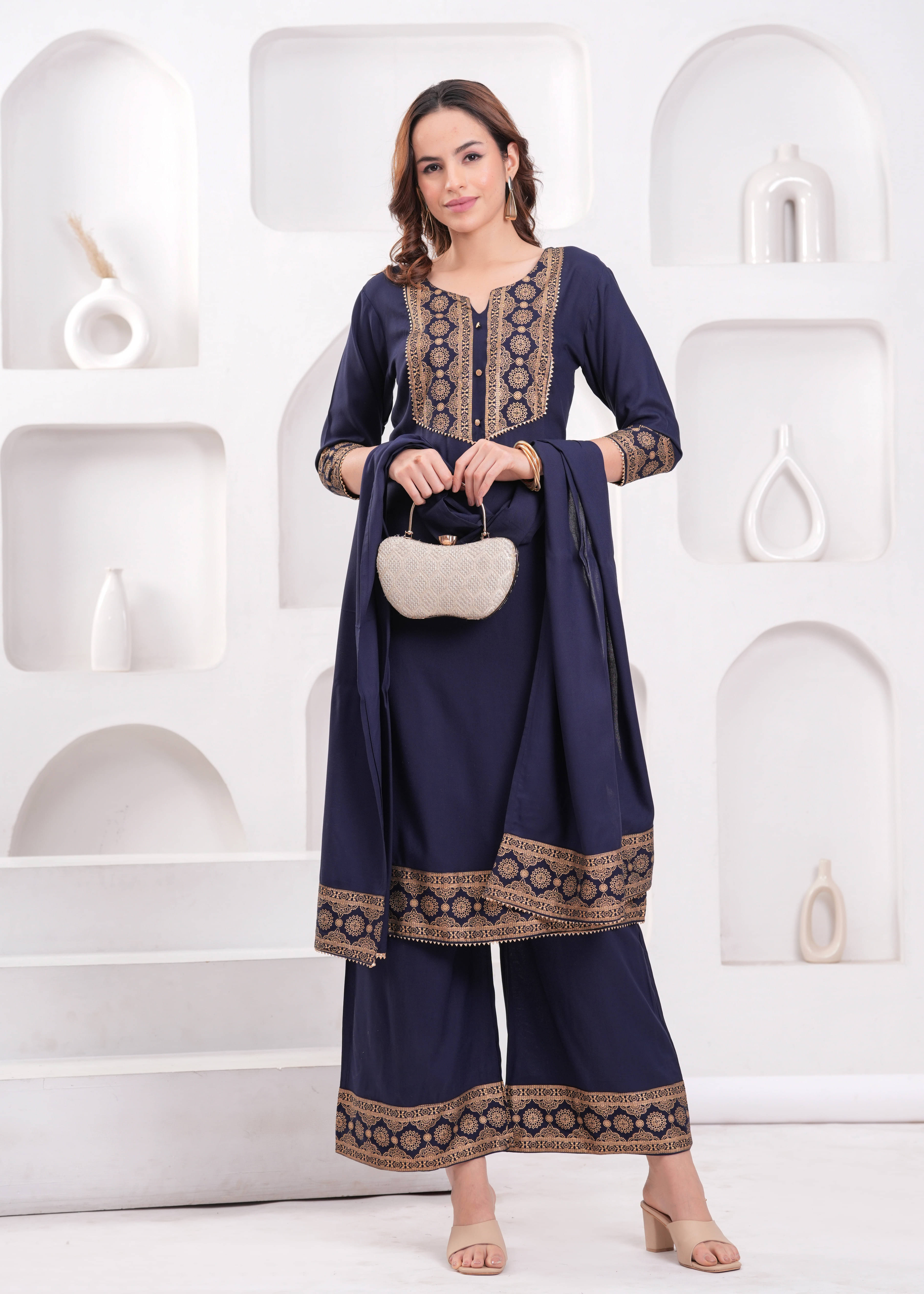 Jyoti Women Rayon Embellished Straight Kurti With Palazzo ( Navy ) Jyoti Women Rayon Embellished Straight Kurti With Palazzo ( Navy )