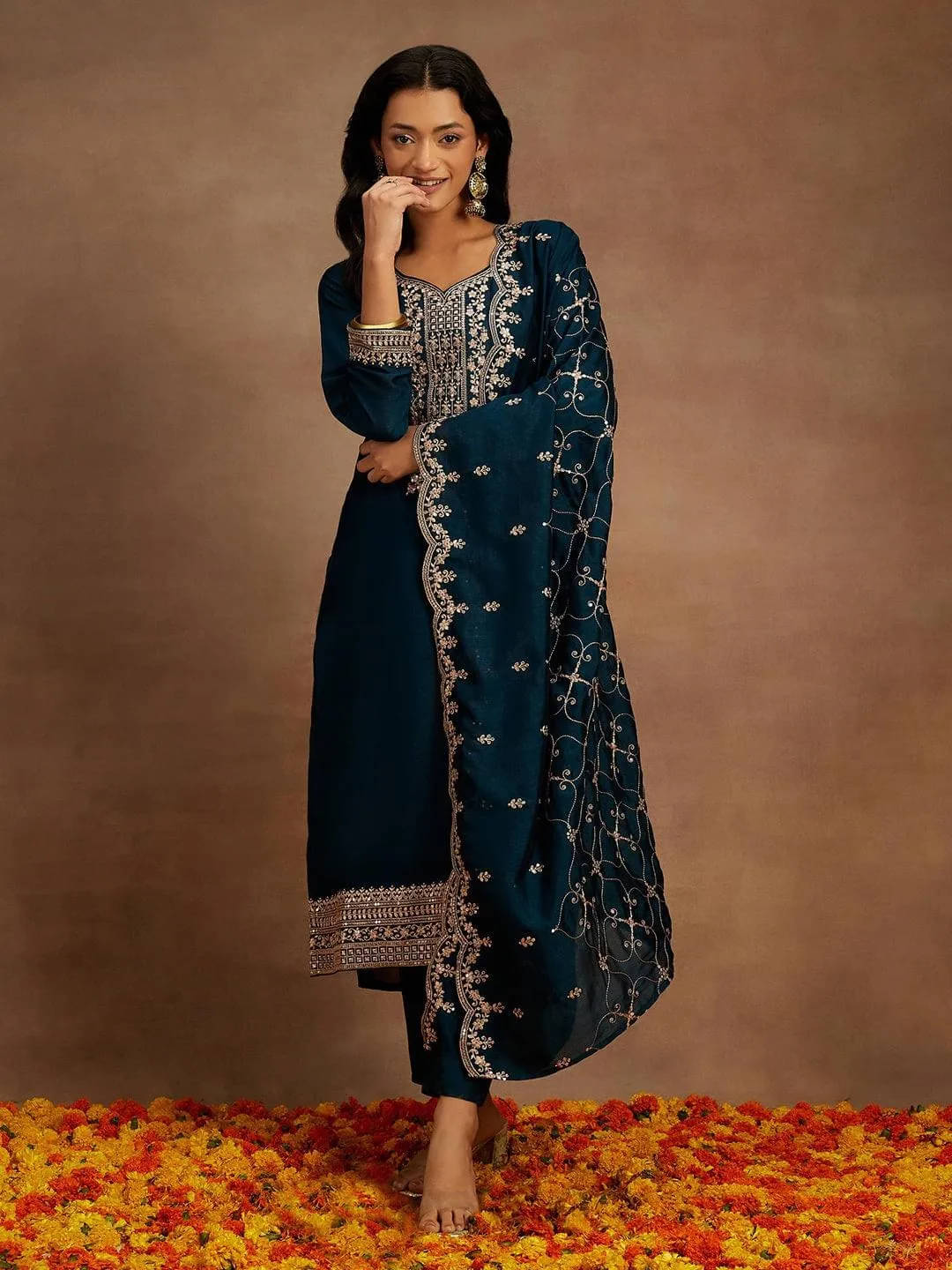     			MAYBLY Women Silk Blend Embroidered Straight Kurti With Pants ( Blue )