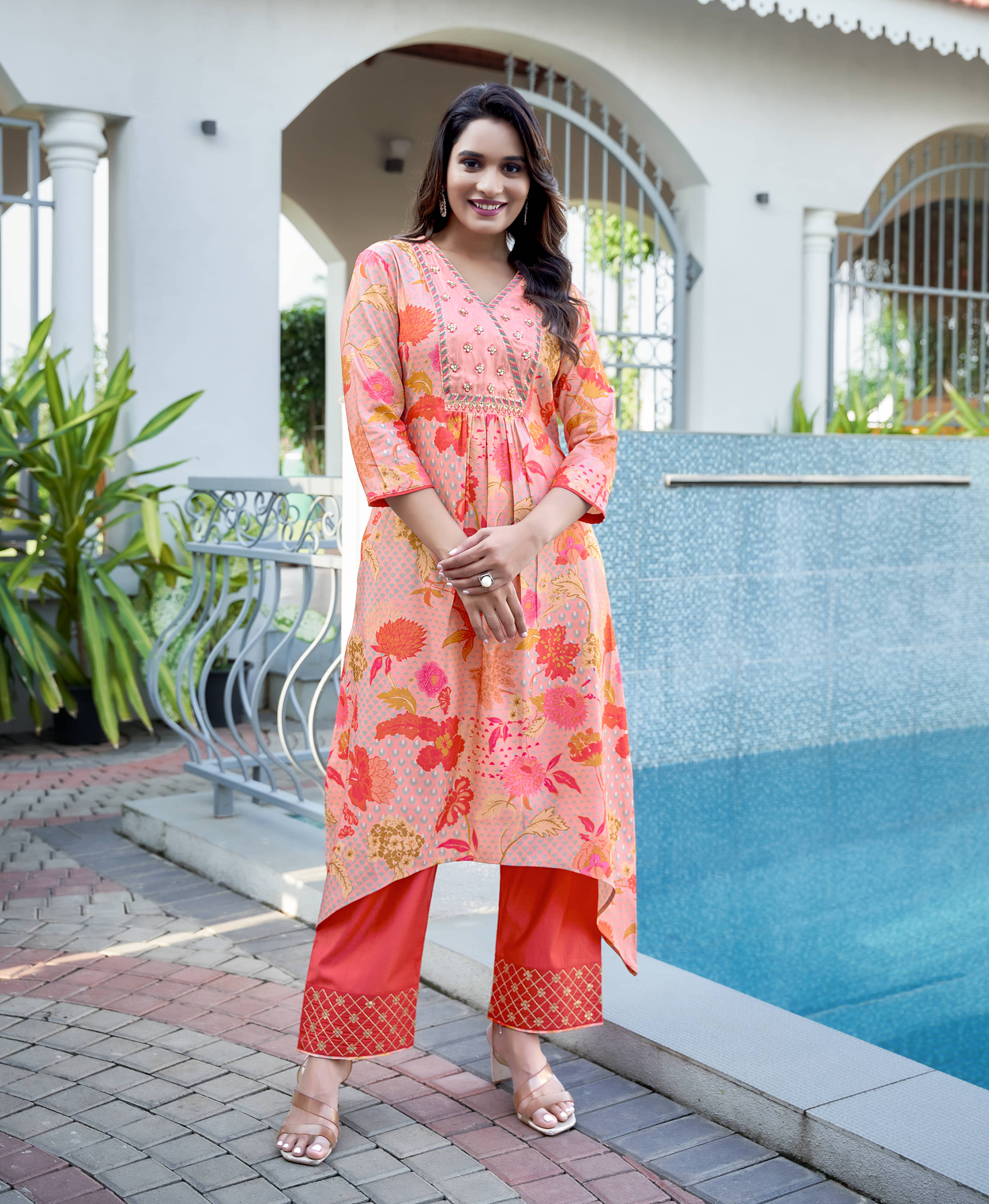     			MOJILAA Women Silk Blend Printed Asymmetrical Kurti With Pants ( Multicolor )