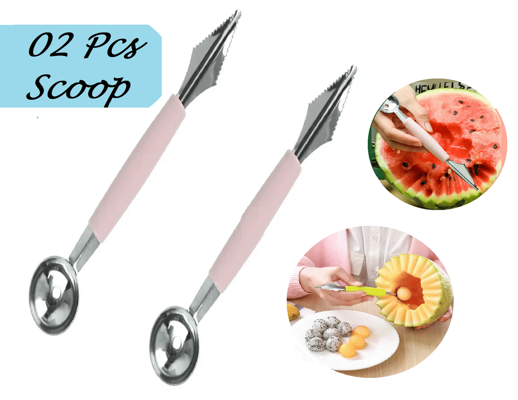 Melon Baller Scoop,Stainless Steel Fruit Decoration Carving Knife,Melon Watermelon Cantaloupe Ice Cream Sorbet Dessert Dual Function Ball Spoon for Kitchen Tools