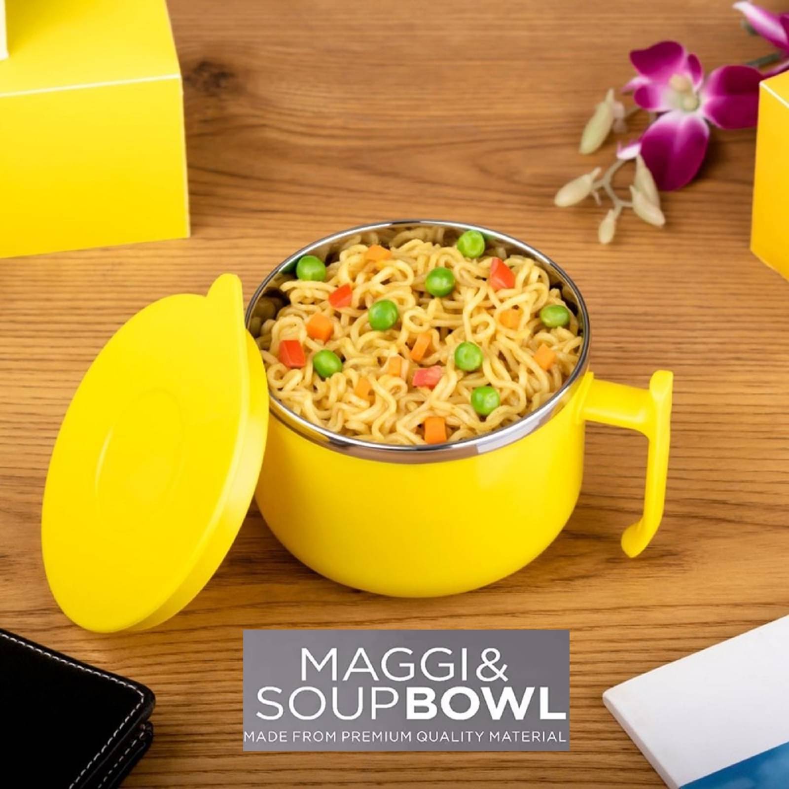     			forral Multipurpose Stainless Steel Maggie & Soup Bowl- Noodle Bowl with Airtight Lid, Handle, Spoon Holder with Spoon & Fork for Tableware Pasta, Soup, Food Container Mug for Kitchen, Picnic