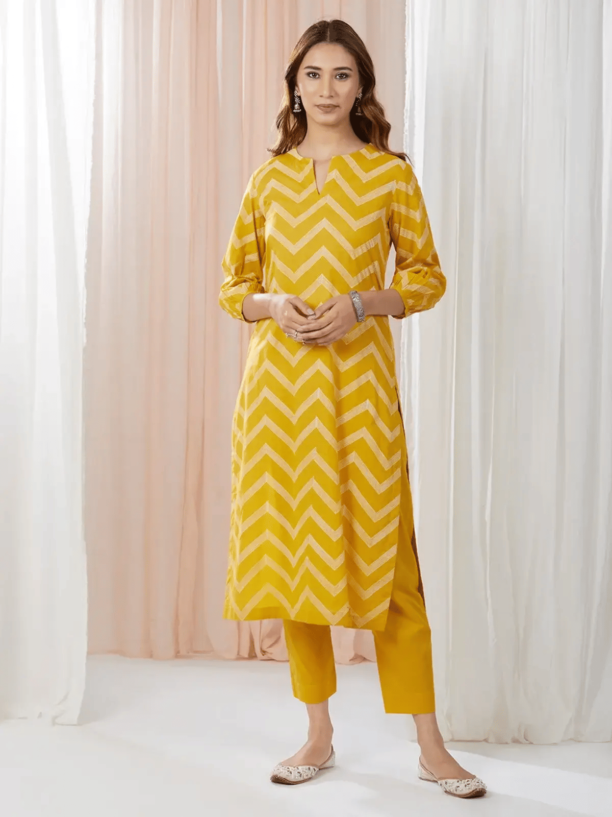 Shivaradhya designers Women Cotton Striped Straight Kurti With Pants ( Mustard )