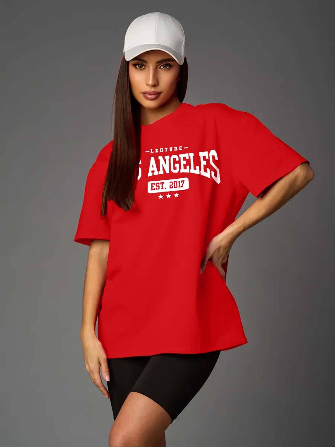 Trond Women Cotton Blend Printed Oversized Round Neck T-Shirt ( Red ) Trond Women Cotton Blend Printed Oversized Round Neck T-Shirt ( Red )