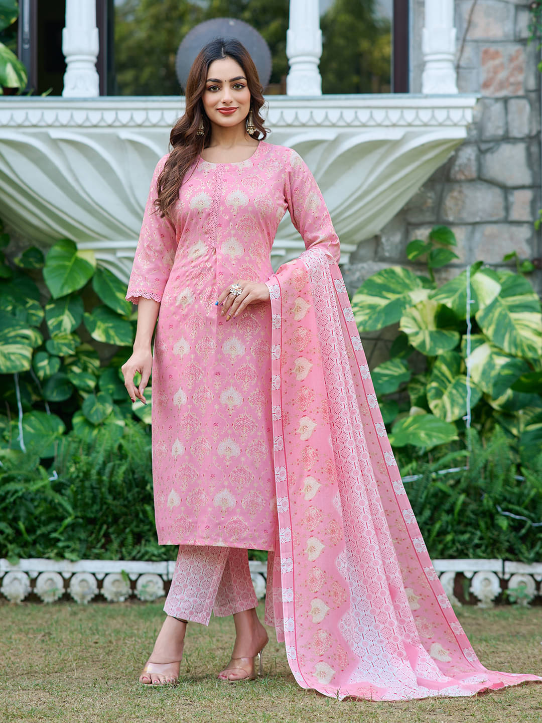 VIBE VISION Women Silk Blend Printed Angrakha Kurti With Pants ( Pink )     			VIBE VISION Women Silk Blend Printed Angrakha Kurti With Pants ( Pink )