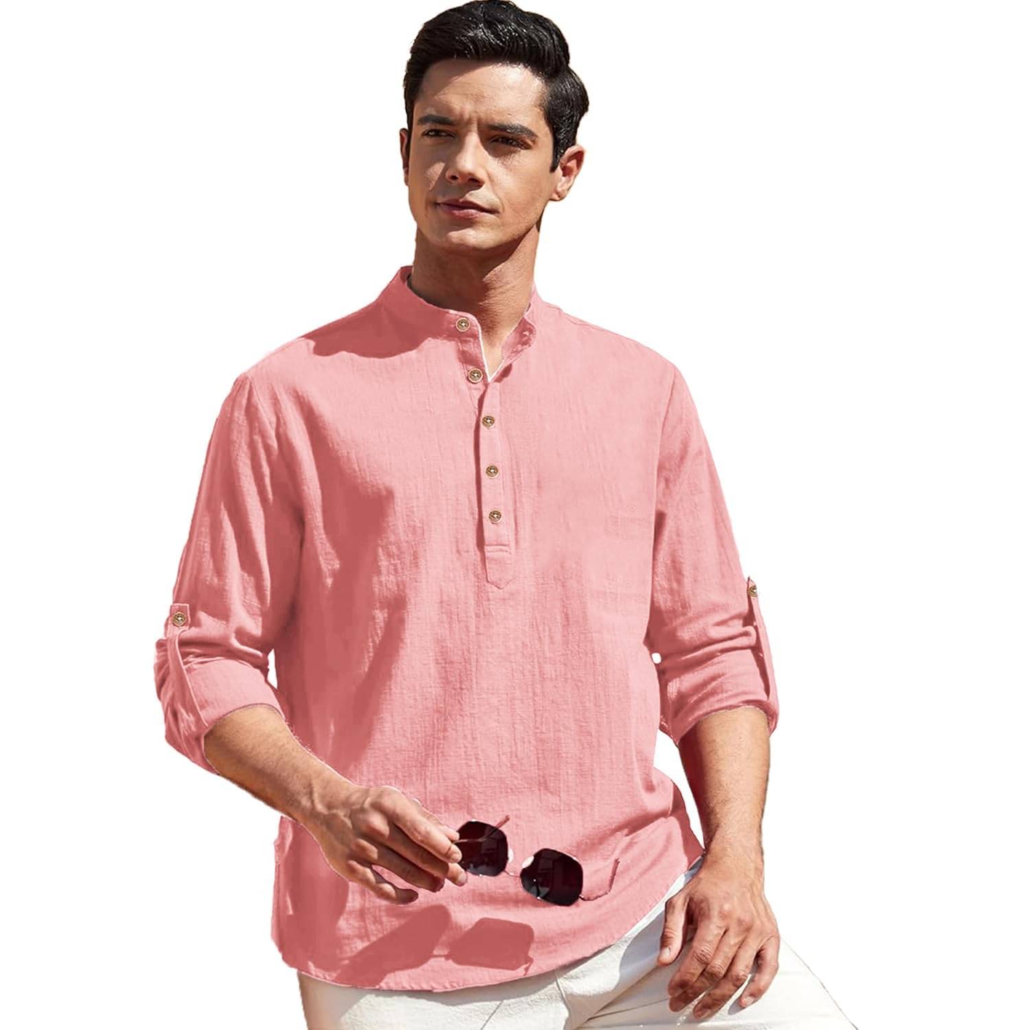 VIMASUTI Peach Cotton Men's Shirt Style Kurta ( Pack of 1 ) VIMASUTI Peach Cotton Men's Shirt Style Kurta ( Pack of 1 )