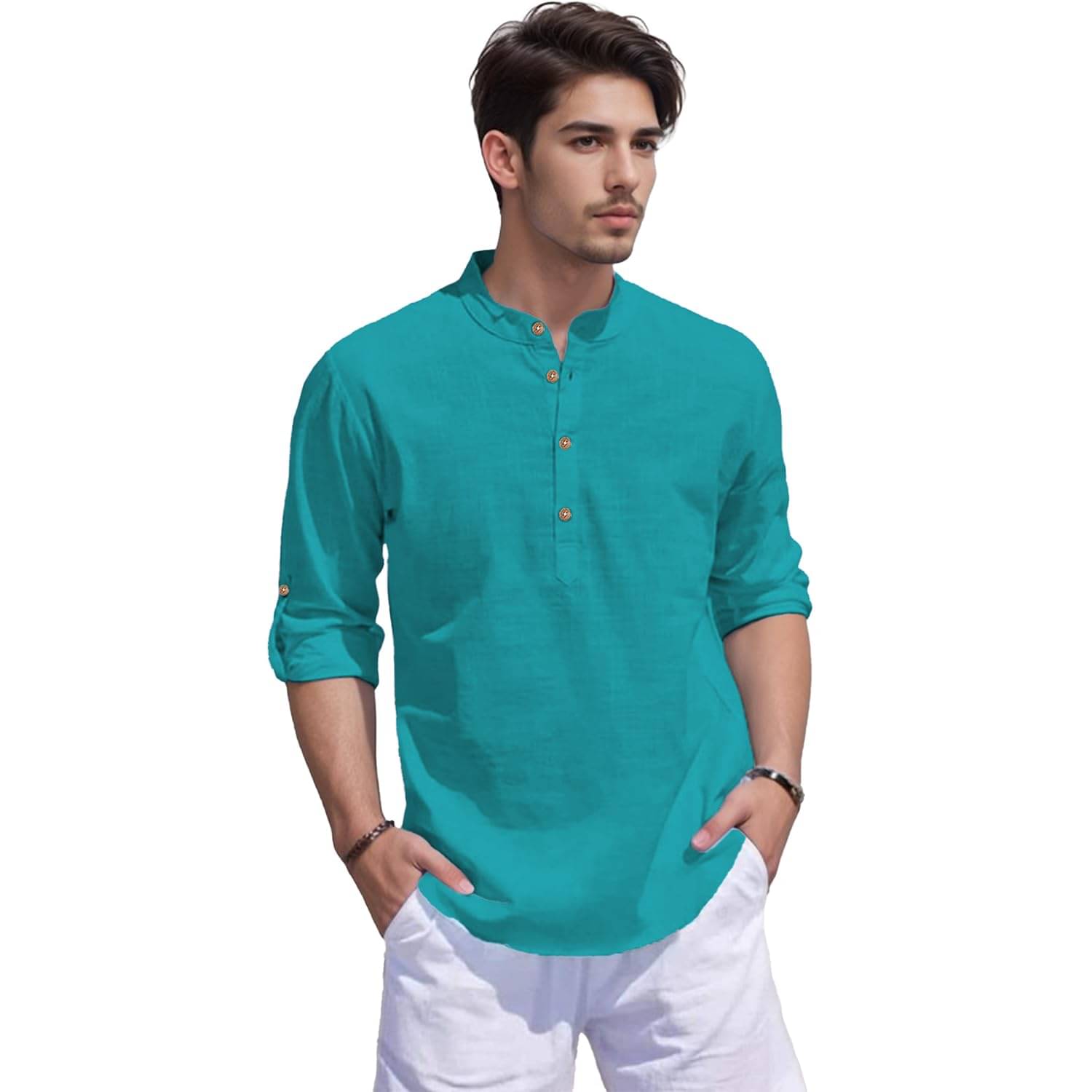 VIMASUTI Turquoise Cotton Men's Shirt Style Kurta ( Pack of 1 )     			VIMASUTI Turquoise Cotton Men's Shirt Style Kurta ( Pack of 1 )