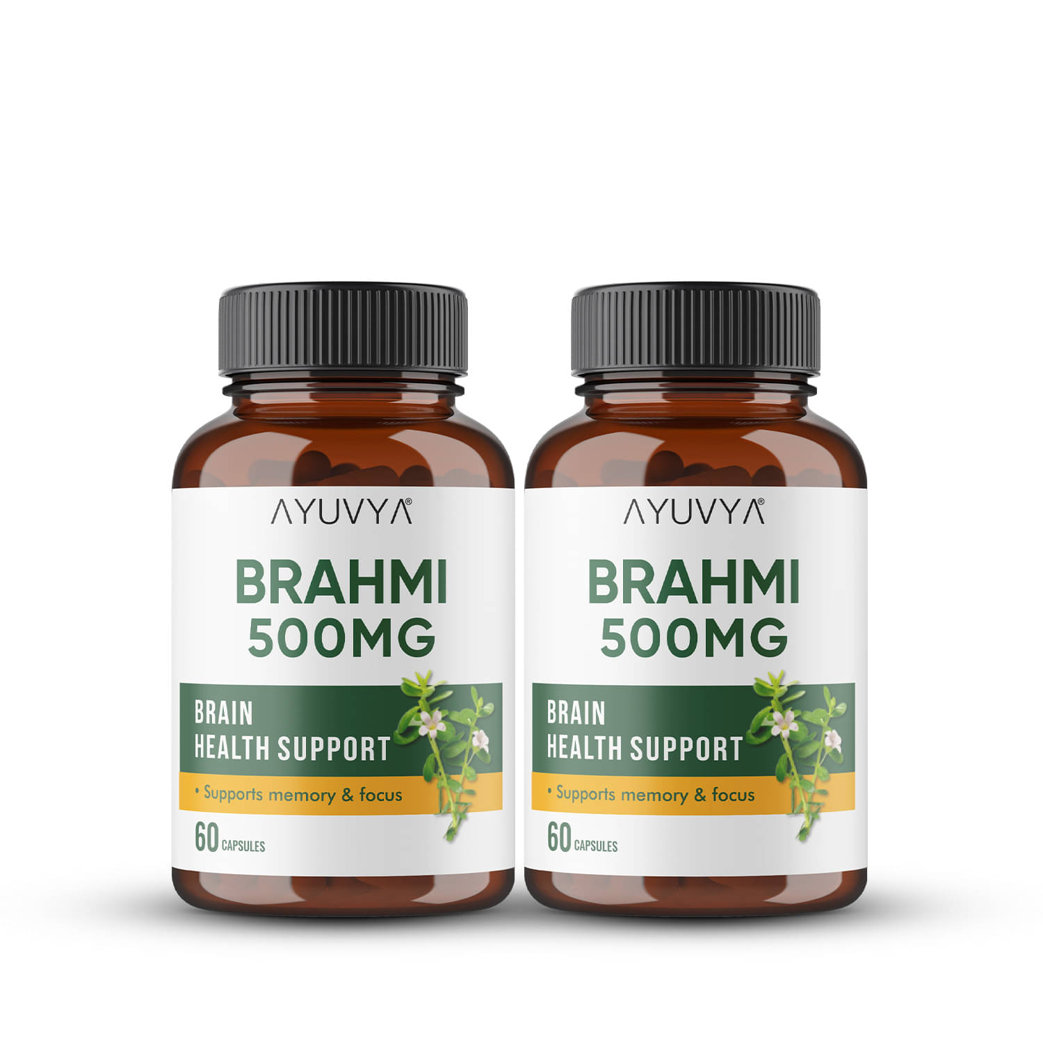     			Ayuvya Brahmi Capsules 500mg Pure Extract Memory Booster, Focus Enhancer, Stress Relief & Sleep Aid 60 Capsules (Pack of 2)