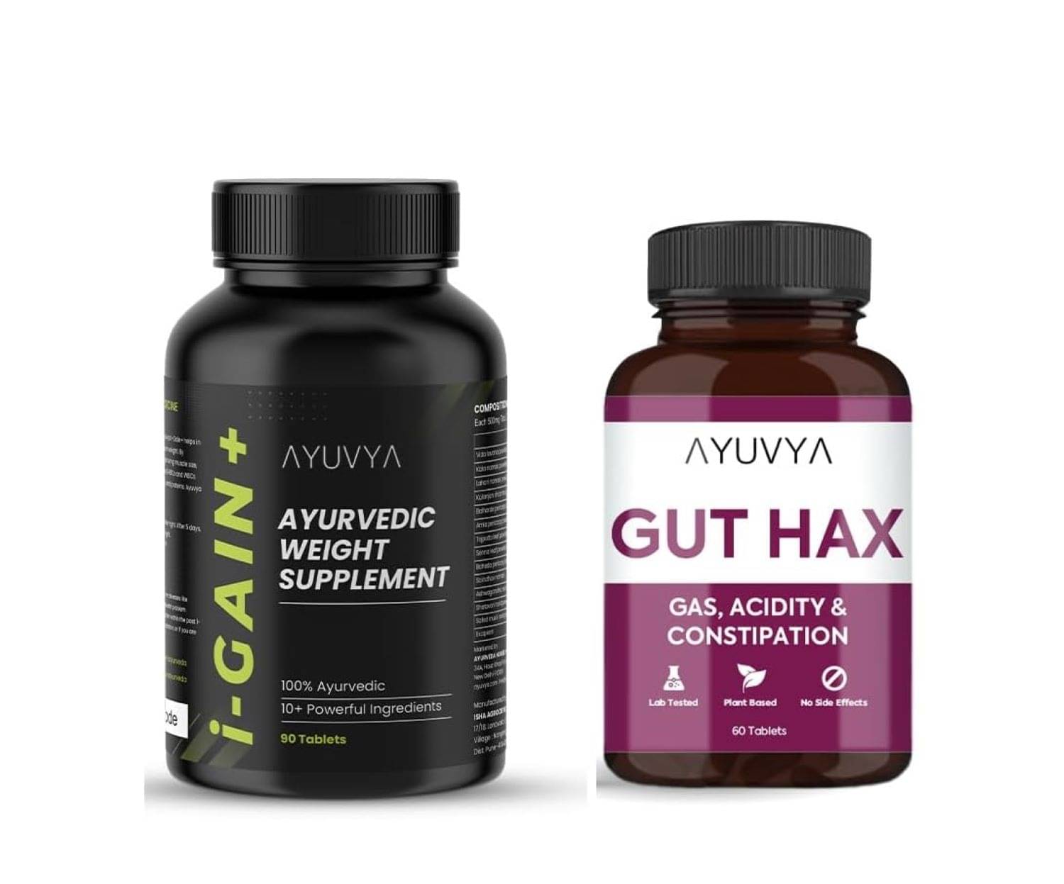 Ayuvya i-Gain+ and Gut Hax improves muscle mass and digestion, Reduces bloating, acidity, gastric problems (Pack of 2) Ayuvya i-Gain+ and Gut Hax improves muscle mass and digestion, Reduces bloating, acidity, gastric problems (Pack of 2)