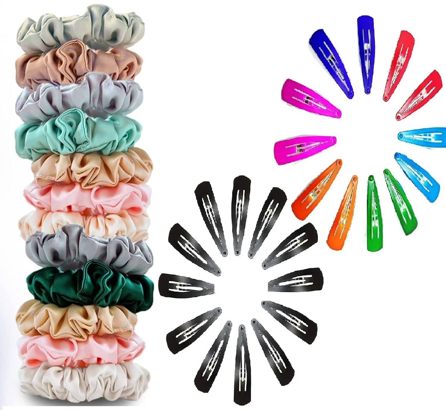 30 Pieces Stylish Hair Accessories Combo  – Color Metal Tic Tac Hair Clips | Black Tic Tac Hair Clips | Soft Elastic Satin Hair Scrunchies for Kids & Girls – Multicolor     			30 Pieces Stylish Hair Accessories Combo  – Color Metal Tic Tac Hair Clips | Black Tic Tac Hair Clips | Soft Elastic Satin Hair Scrunchies for Kids & Girls – Multicolor