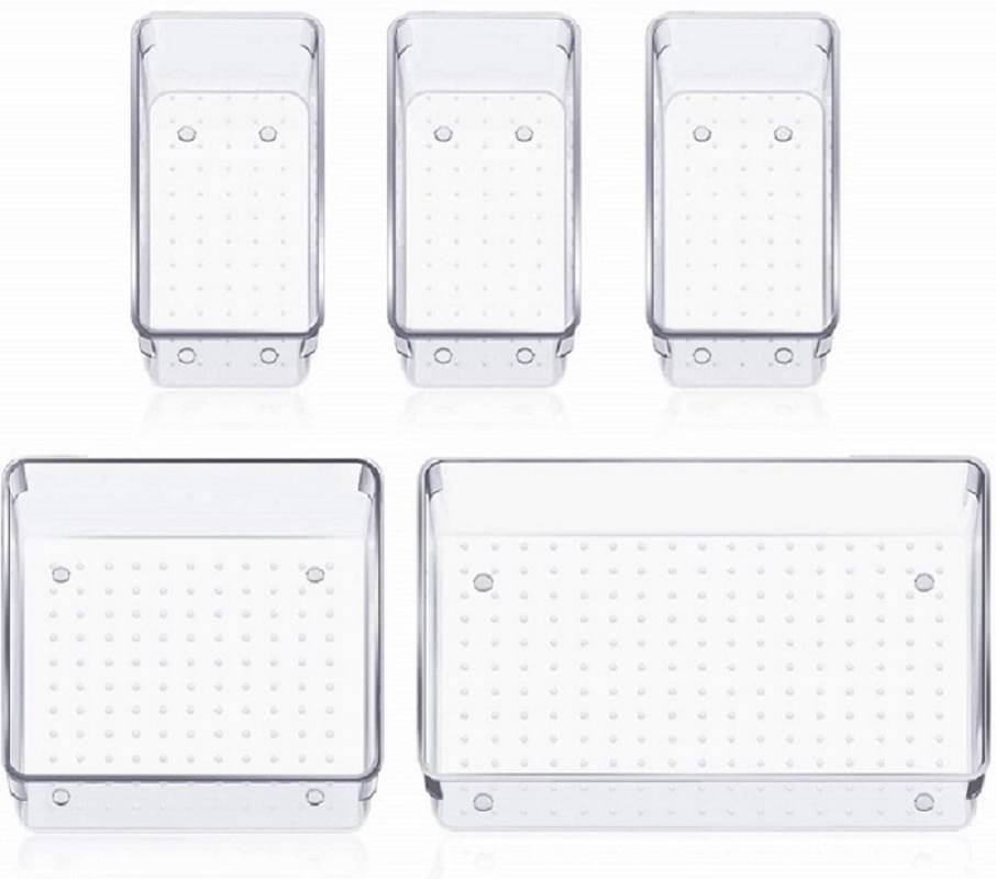     			5 Pcs Desk Drawer Organizers Trays Set Clear Plastic Storage Bins Bathroom Drawer Tray Dividers Vanity Trays Organizer for Bedroom Dresser Makeup Kitchen Utensil Office