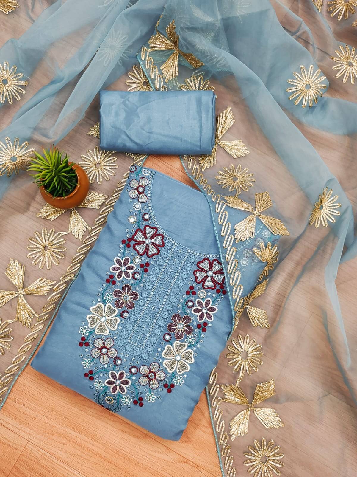     			ALSHOP Women Organza Unstitched Dress Material ( Blue )