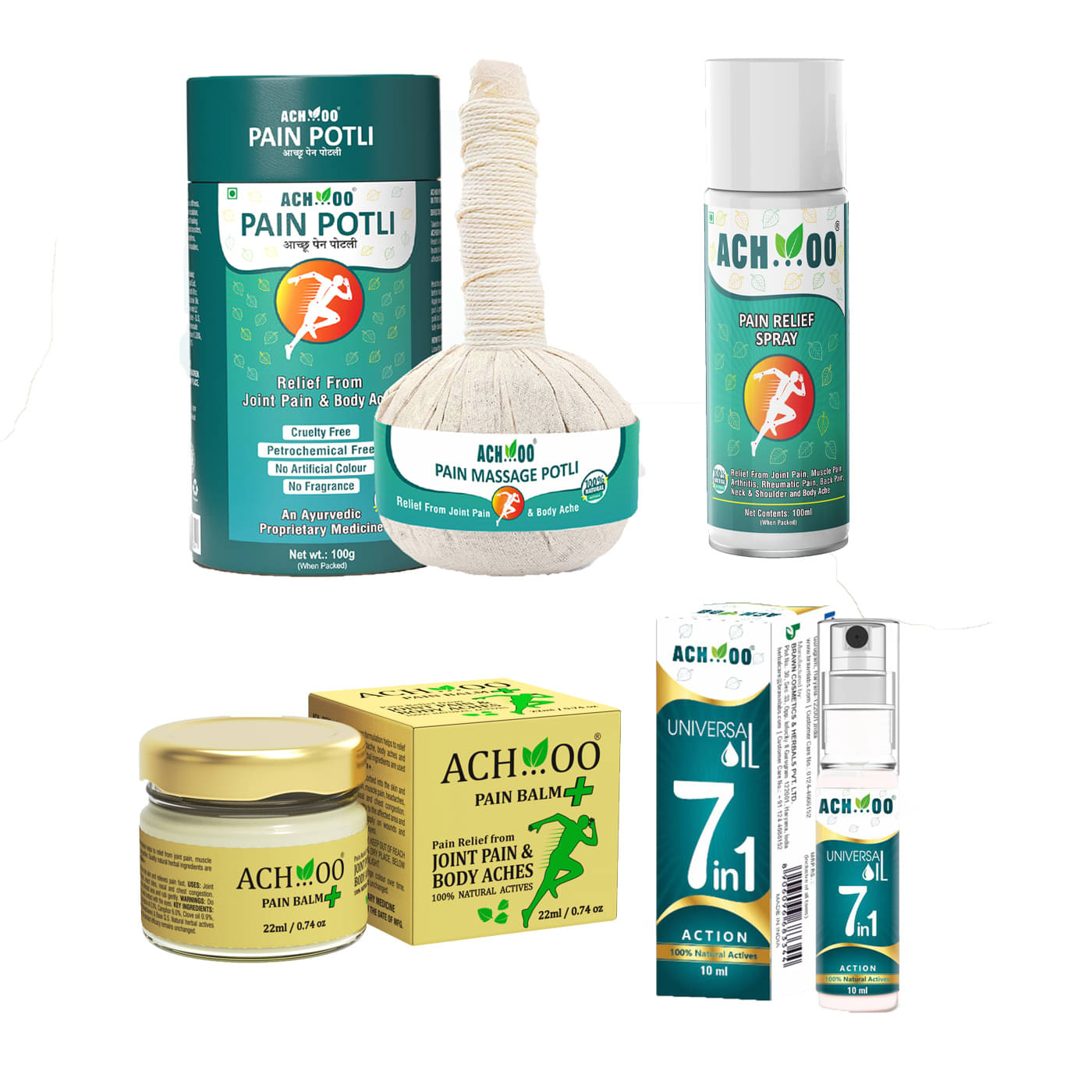     			ACH...OO Pain Massage Potli 100g+Pain Balm 22ml+Universal oil 7In1 10ml+Pain Spray 100ml(Pack of 4)