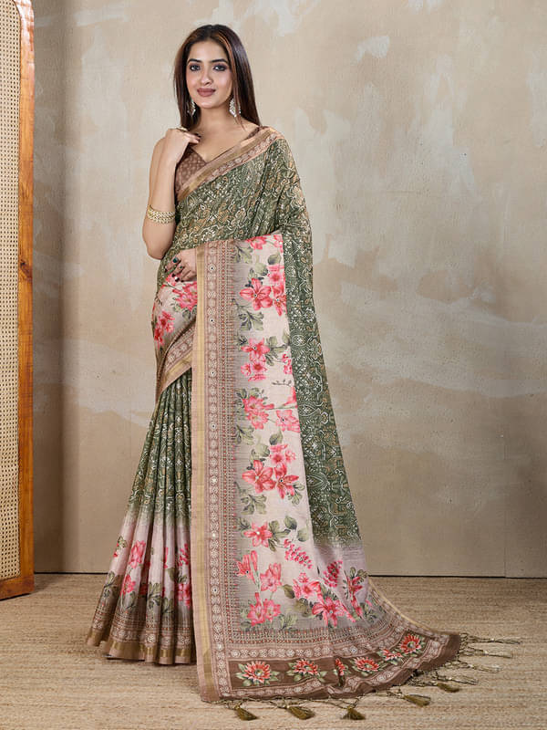 Doi Moi Silk Blend Printed Saree With Unstitched Blouse Piece ( Olive ) Doi Moi Silk Blend Printed Saree With Unstitched Blouse Piece ( Olive )