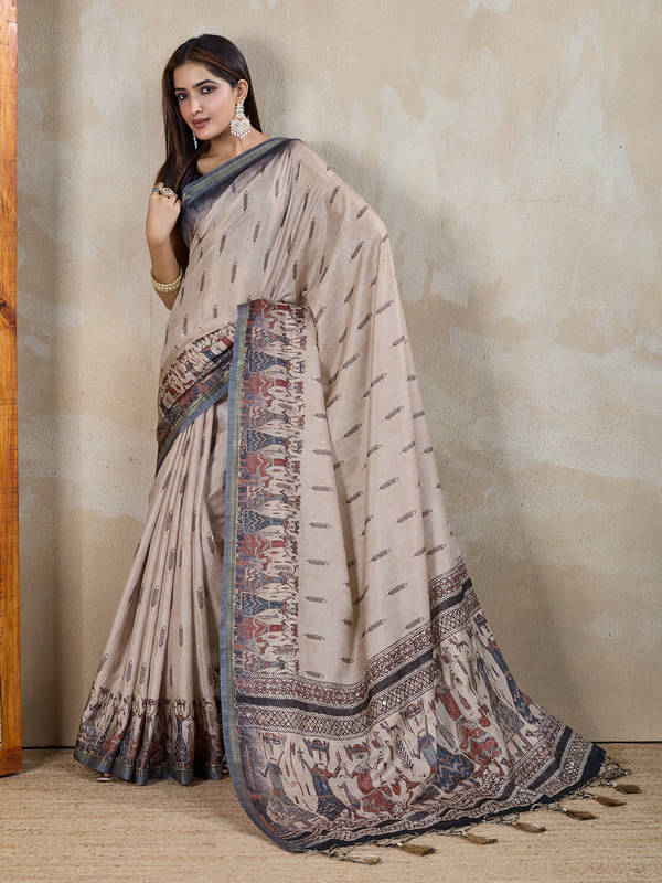     			Doi Moi Silk Blend Printed Saree With Unstitched Blouse Piece ( Beige )