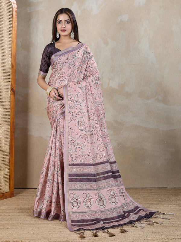 Doi Moi Silk Blend Printed Saree With Unstitched Blouse Piece ( Pink ) Doi Moi Silk Blend Printed Saree With Unstitched Blouse Piece ( Pink )