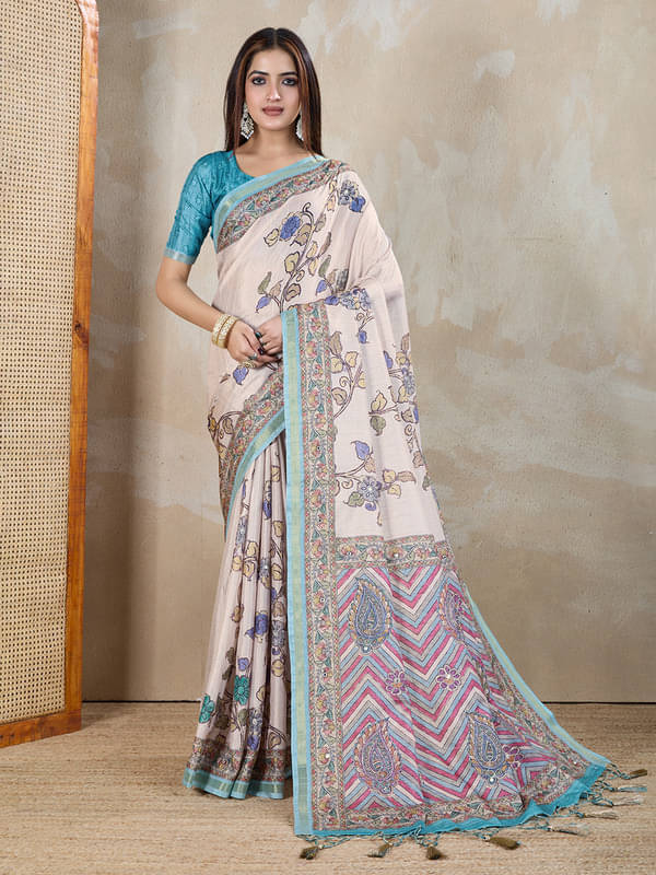 Doi Moi Silk Blend Printed Saree With Unstitched Blouse Piece ( Off White ) Doi Moi Silk Blend Printed Saree With Unstitched Blouse Piece ( Off White )