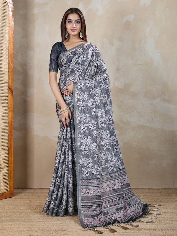 Doi Moi Silk Blend Printed Saree With Unstitched Blouse Piece ( Grey ) Doi Moi Silk Blend Printed Saree With Unstitched Blouse Piece ( Grey )