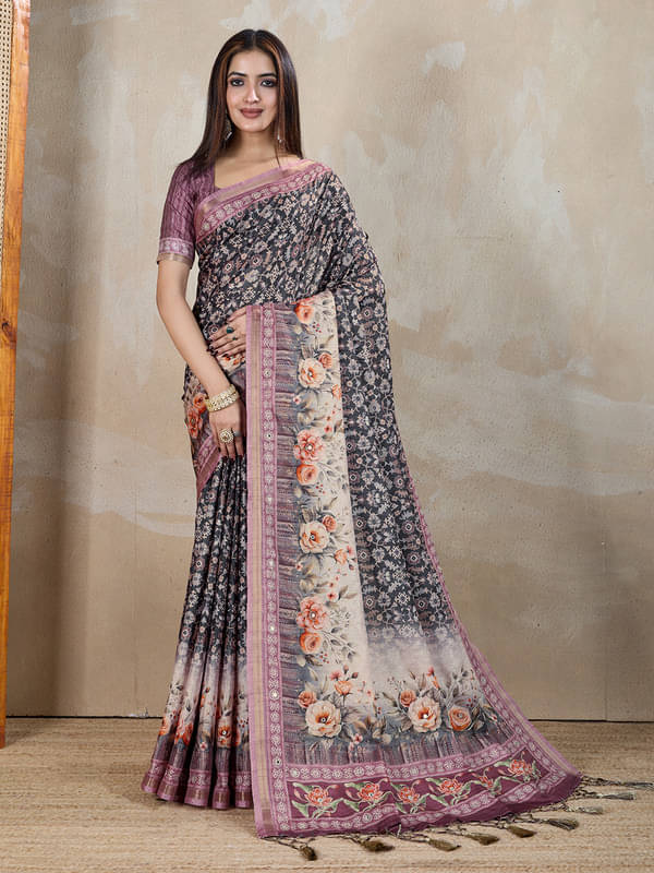     			Doi Moi Silk Blend Printed Saree With Unstitched Blouse Piece ( Black )