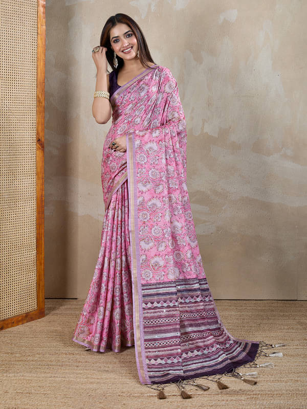 Doi Moi Silk Blend Printed Saree With Unstitched Blouse Piece ( Rani ) Doi Moi Silk Blend Printed Saree With Unstitched Blouse Piece ( Rani )