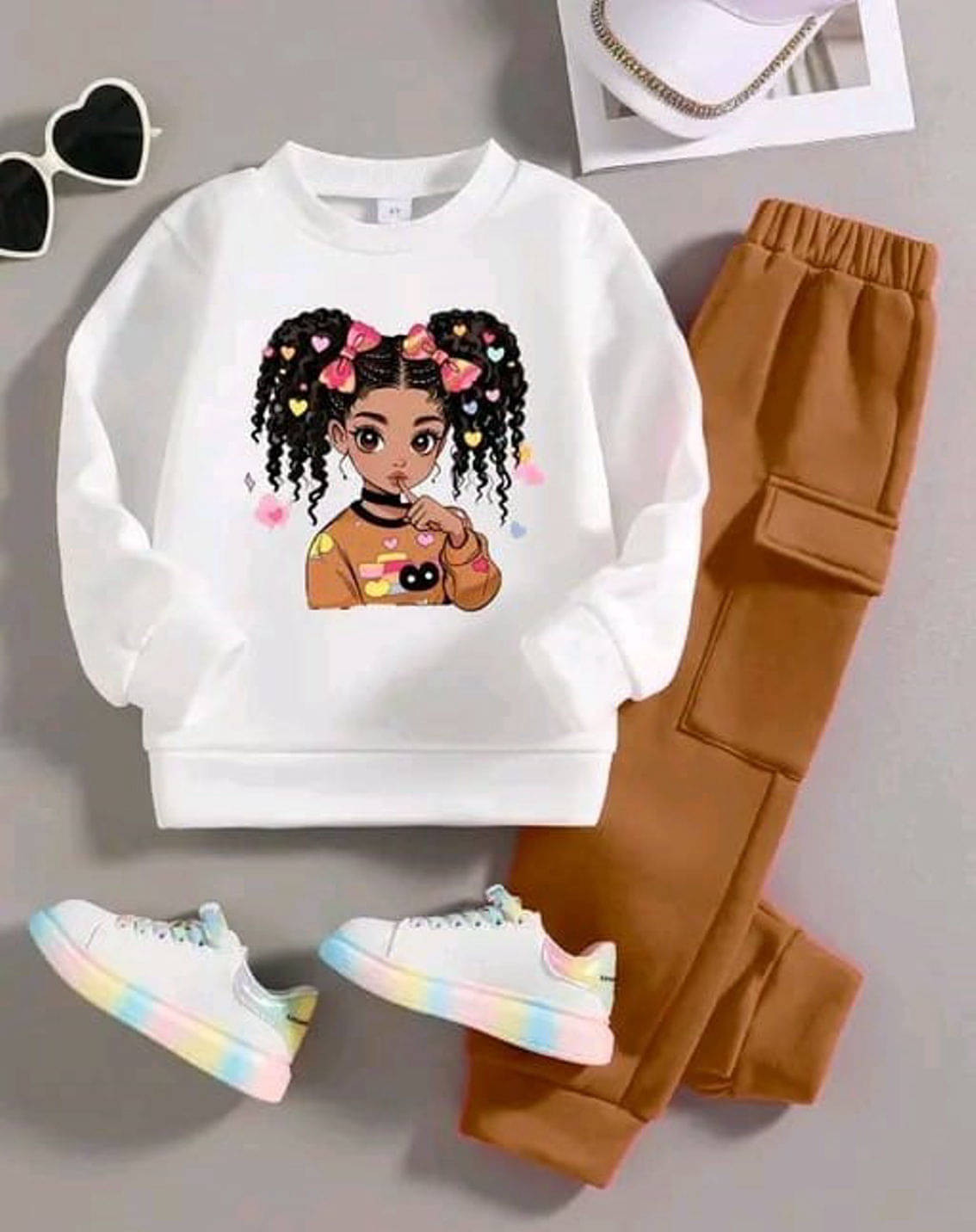     			FABOZA Pack of 1 Girls Cotton Blend Sweatshirt & Joggers ( Brown )