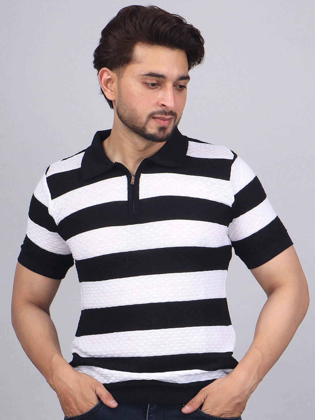     			FEVERFEW Men Cotton Blend Regular Fit Striped Polo T Shirt ( Black )