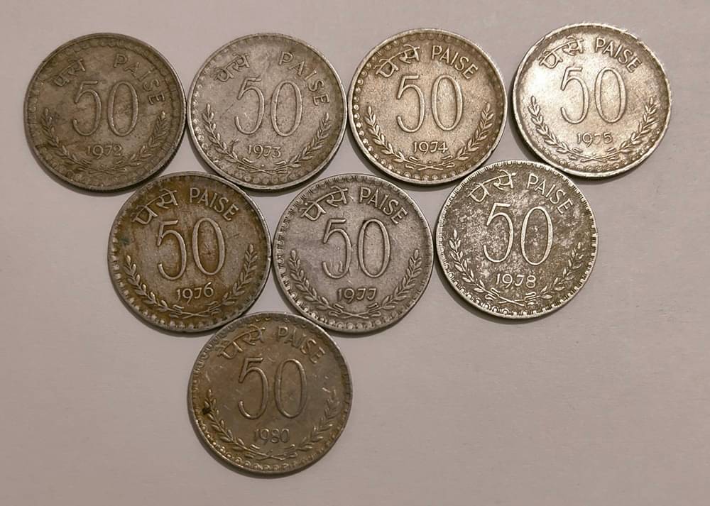     			Fifty 50 Paise Year-Wise 8 Coins Set, Rare