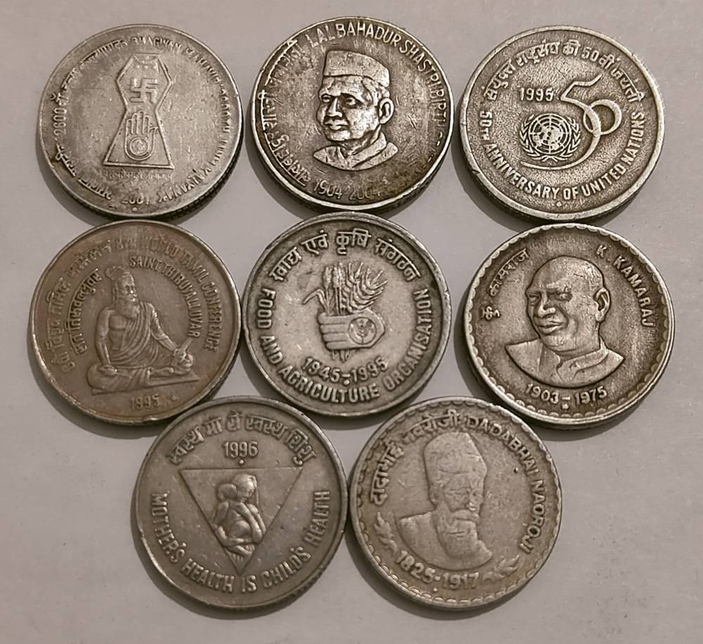     			Five 5 Rs. Different Commemorative 8 Coins Set, Hard to Find.