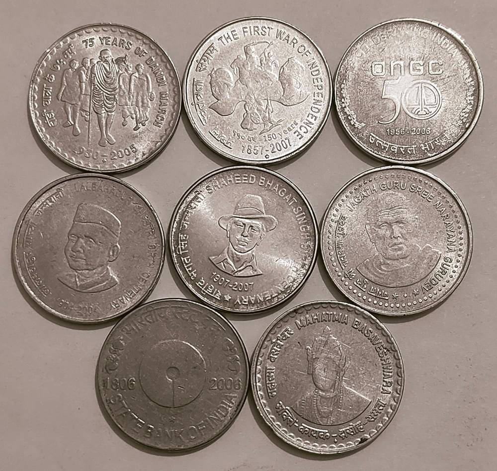     			Five 5 Rs. Different Commemorative 8 Coins Set, Hard to Find.