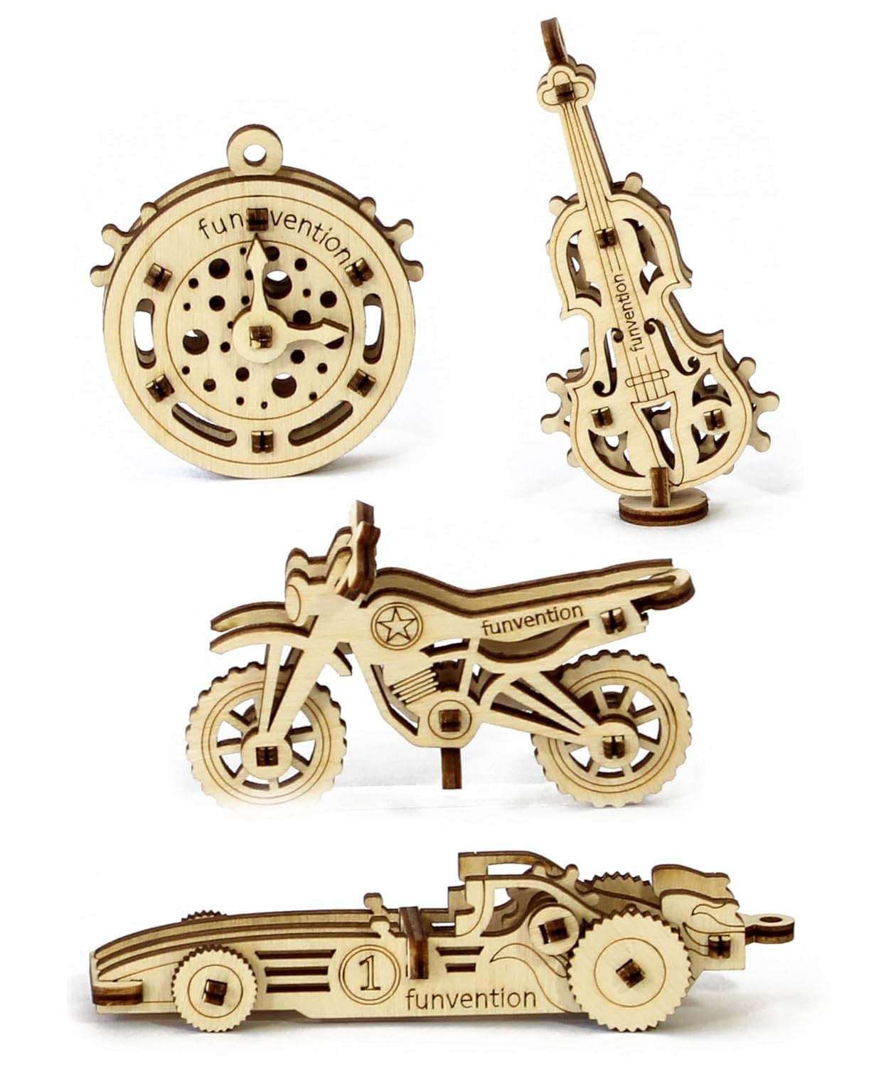     			Funvention Fun Fidgets Assorted (3 x 4 DIY Miniature Mechanical Models Bike, Car, Guitar & Watch) Pack of 4 - Birthday Return Gifts Party Pack Return Favors for Kids Art & Craft STEM Learning Toys