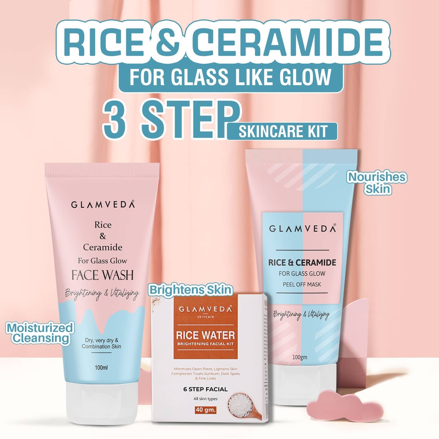 Glamveda Rice & Ceramide Korean Glass Skin Combo Gift Pack | Skin Brightening & Anti Dullness | Face Wash, Facial Kit & Peel Off Mask