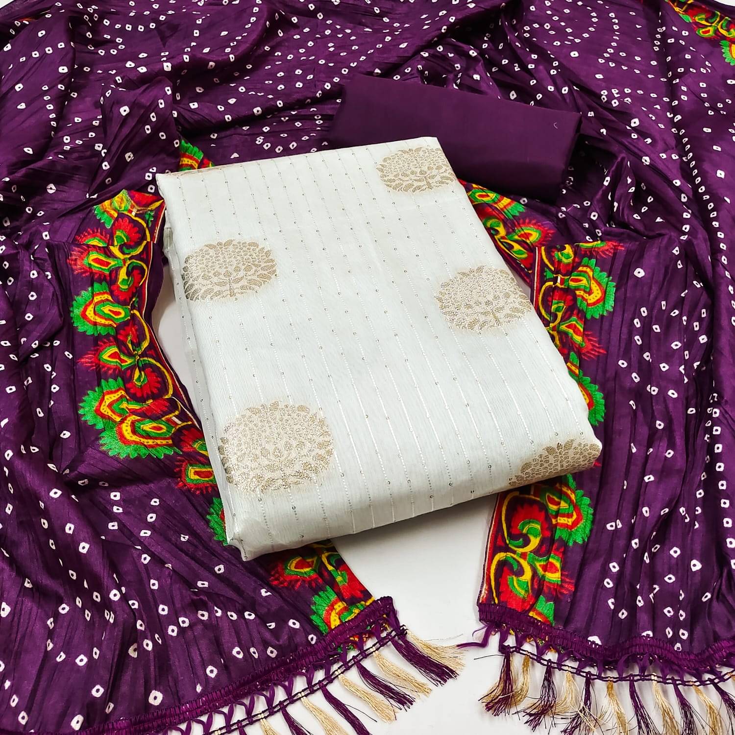 HL SILKMILLS Women Cotton Blend Unstitched Dress Material ( White,Purple ) HL SILKMILLS Women Cotton Blend Unstitched Dress Material ( White,Purple )