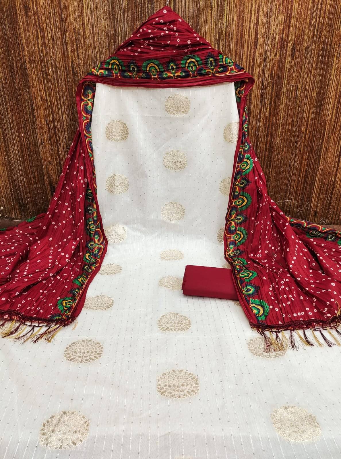     			HL SILKMILLS Women Cotton Blend Unstitched Dress Material ( White,Red )